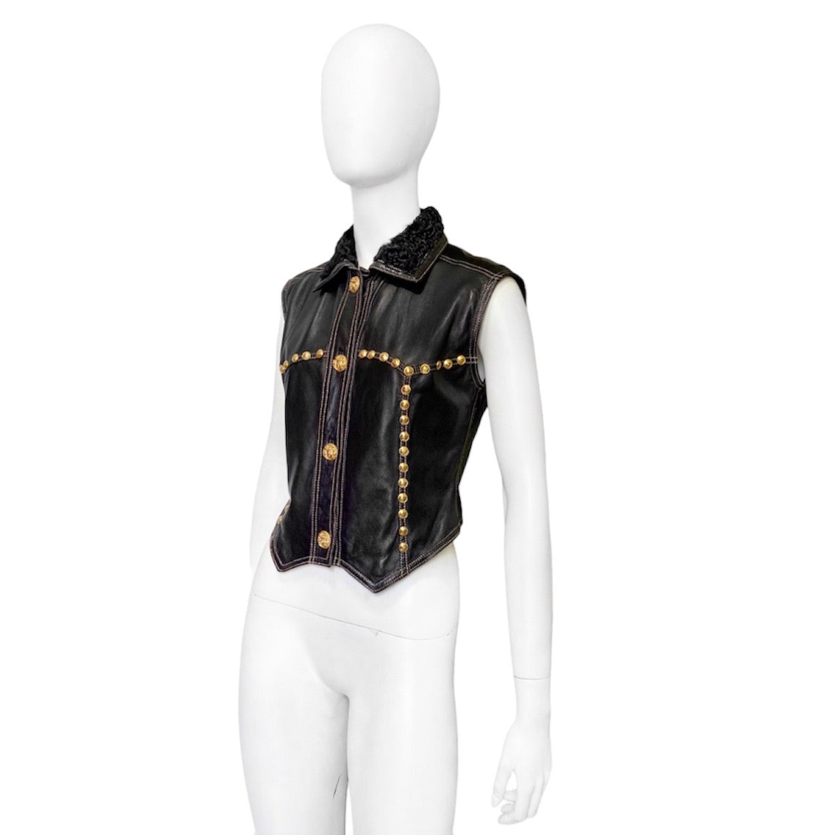 Gianni Versace Fall 1992 Midnight Cowgirl Lambskin Leather Vest with Mongolian Hair Collar and Gold  - 5