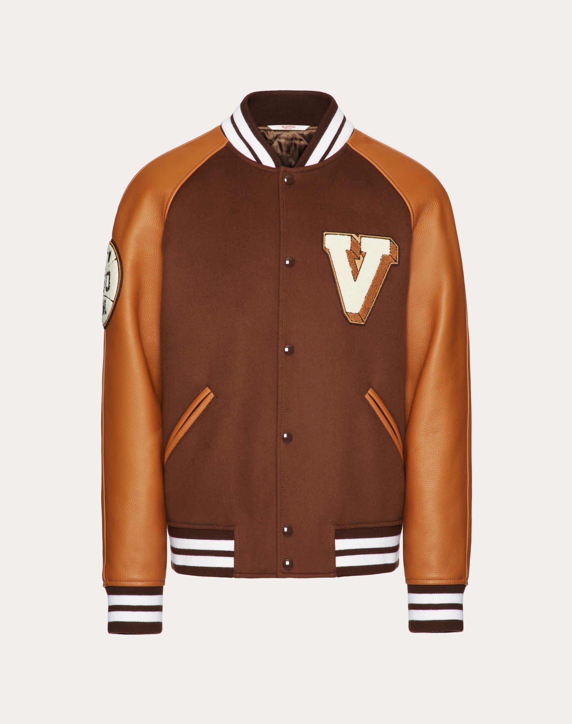 WOOL CLOTH BOMBER JACKET WITH LEATHER SLEEVES AND EMBROIDERED PATCHES - 1