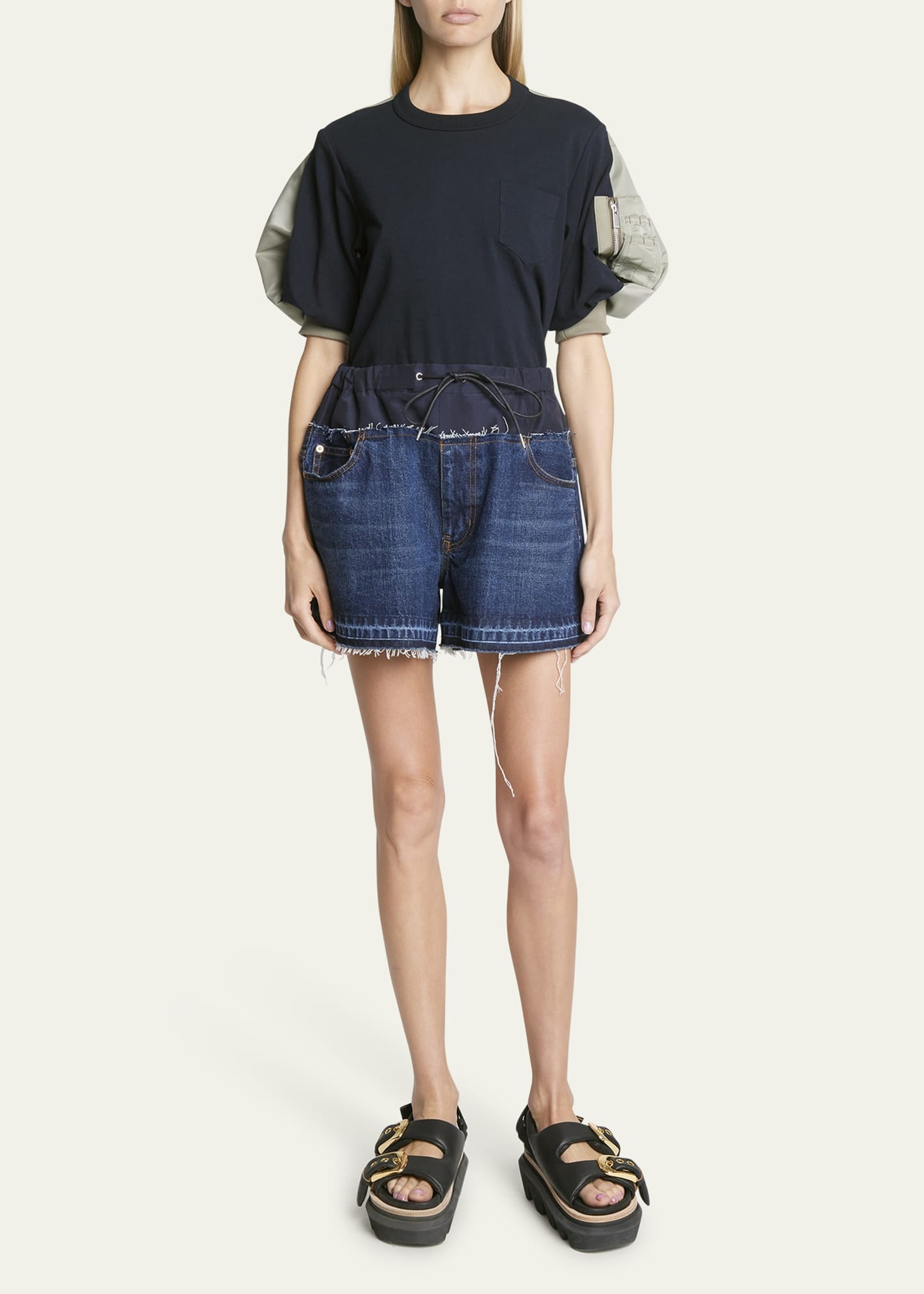sacai Layered Elastic-Waist Denim Shorts | bergdorfgoodman