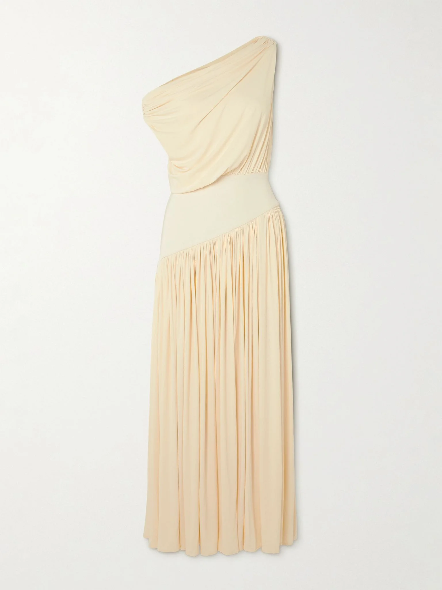 One-shoulder asymmetric draped jersey-trimmed stretch-bamboo maxi dress Cream - 1