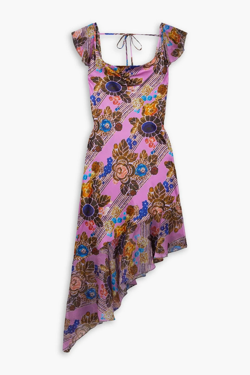 Asymmetric floral-print chiffon-trimmed silk-satin midi dress - 1