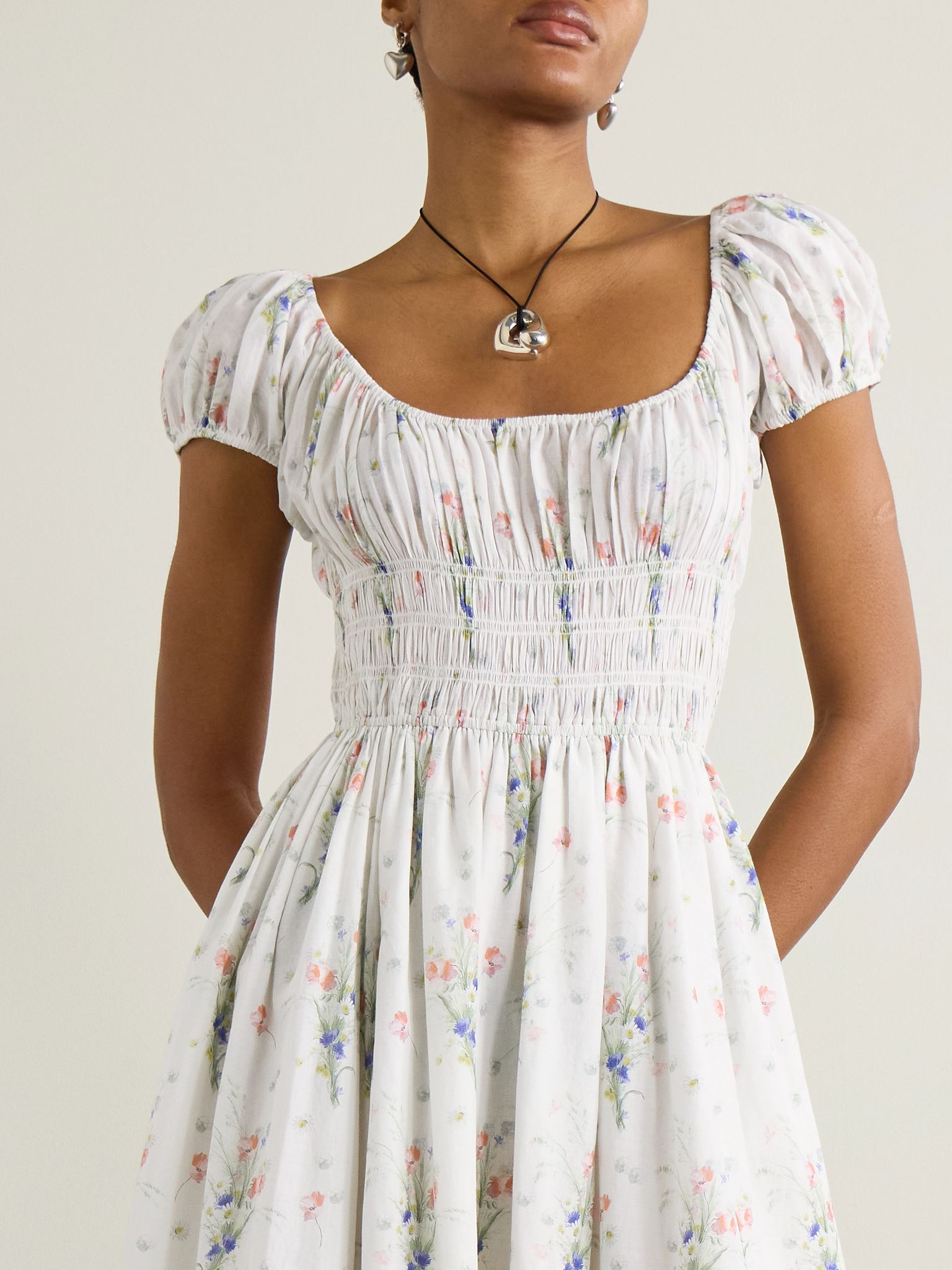Quinley shirred floral-print organic cotton midi dress Off-white - 5