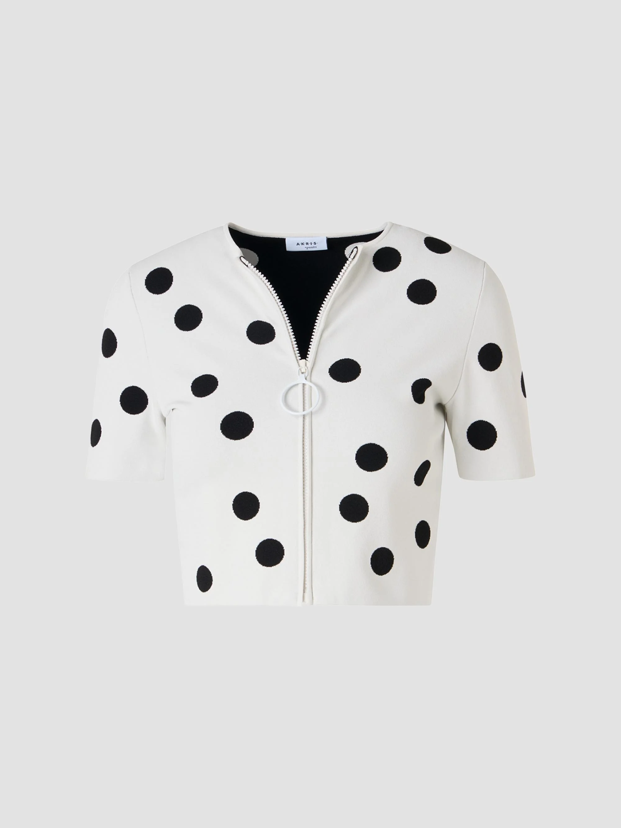 Women's Polka Dot Crop Zip-Front Cardigan - Cream Black - 1