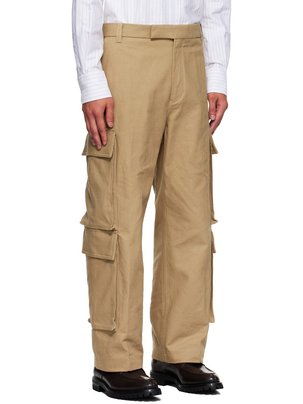Beige Washed Cotton Utility Chino Cargo Pants - 2