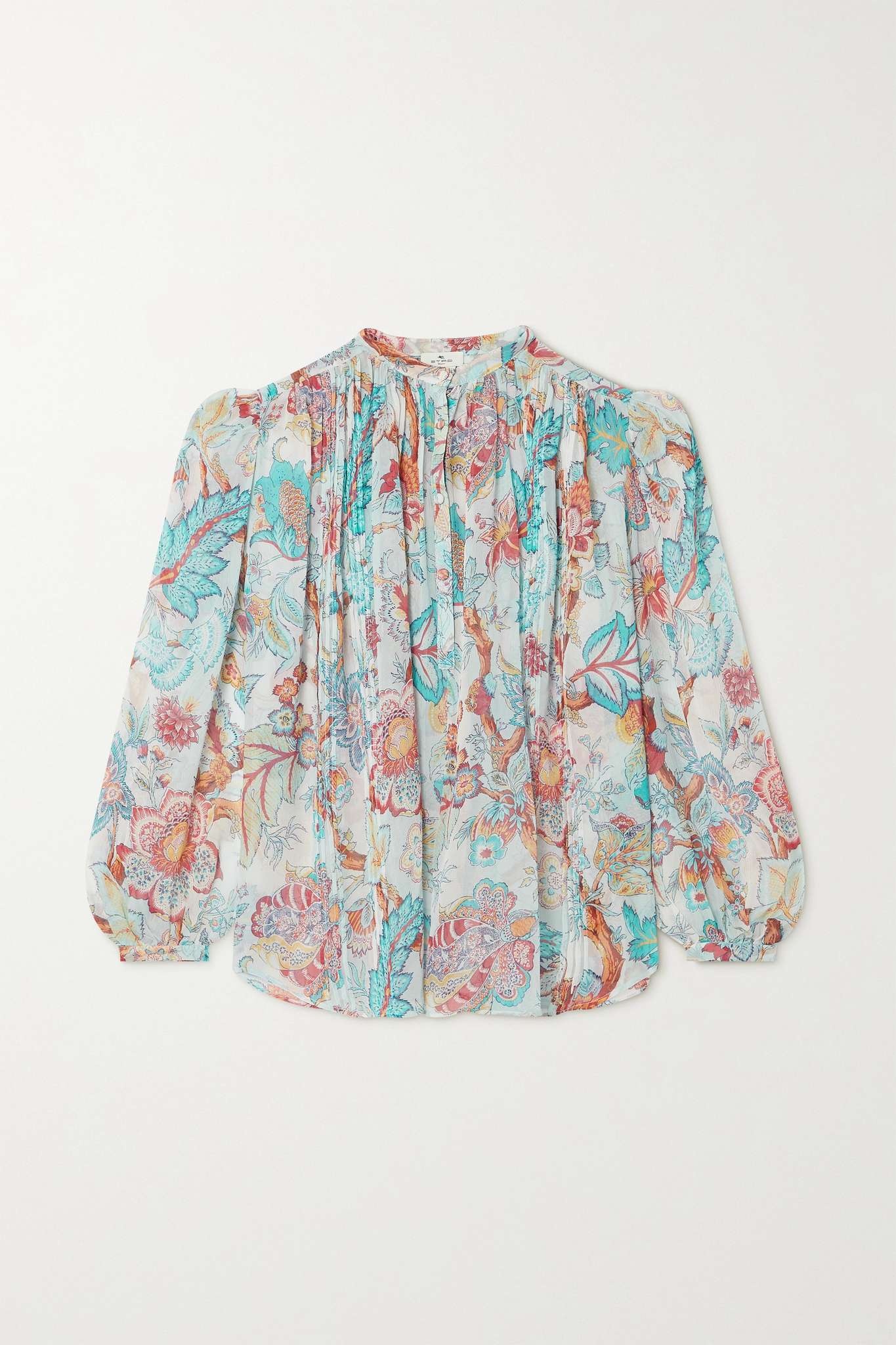 Pleated floral-print silk-chiffon blouse - 1