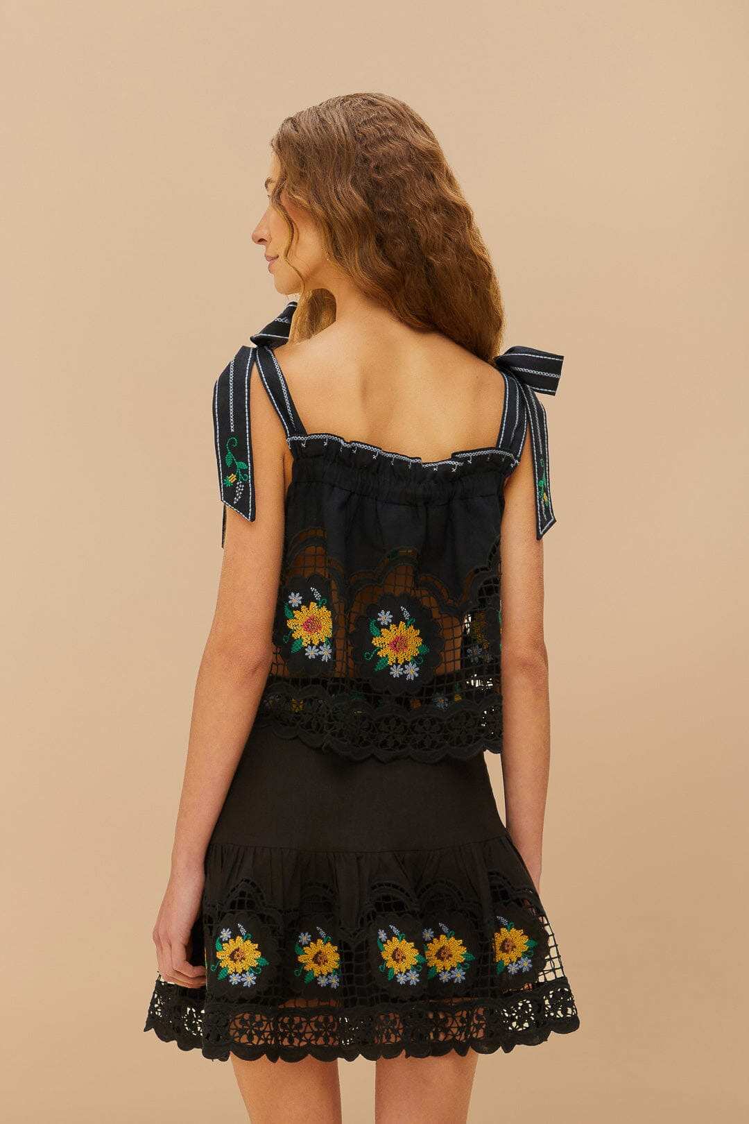 Black Cross Stitch Sunflower Richelieu Lenzing™ Ecovero™ Euroflax™ Mini Skirt - 3