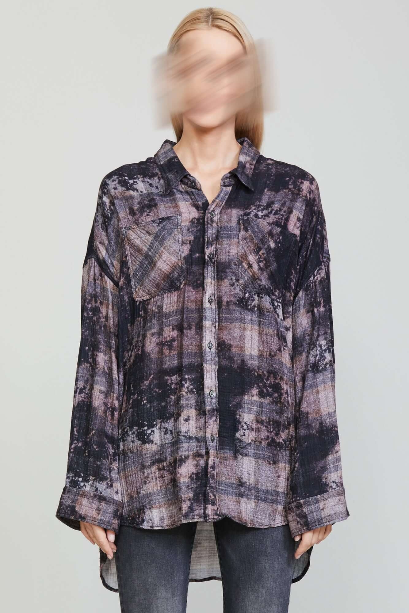 DROP NECK WORKSHIRT - BLEACHED BLACK PLAID - 5