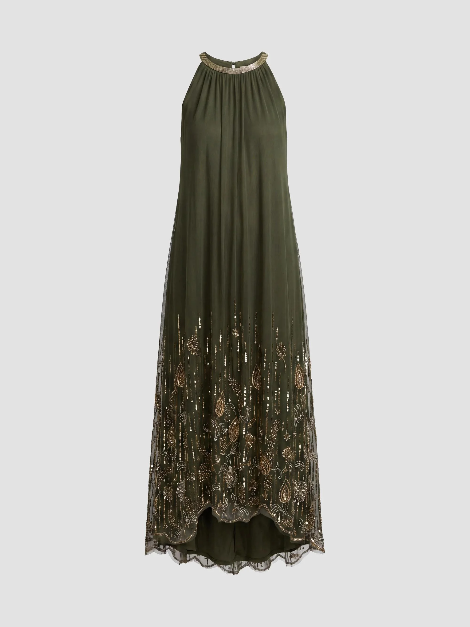 Women's Sequined Pleated Halter Midi Dress - Antique Green - 1
