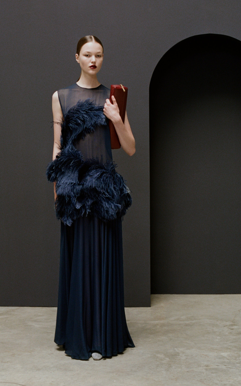 FFORME Hana Feather-Embroidered Chiffon Maxi Dress blue outlook