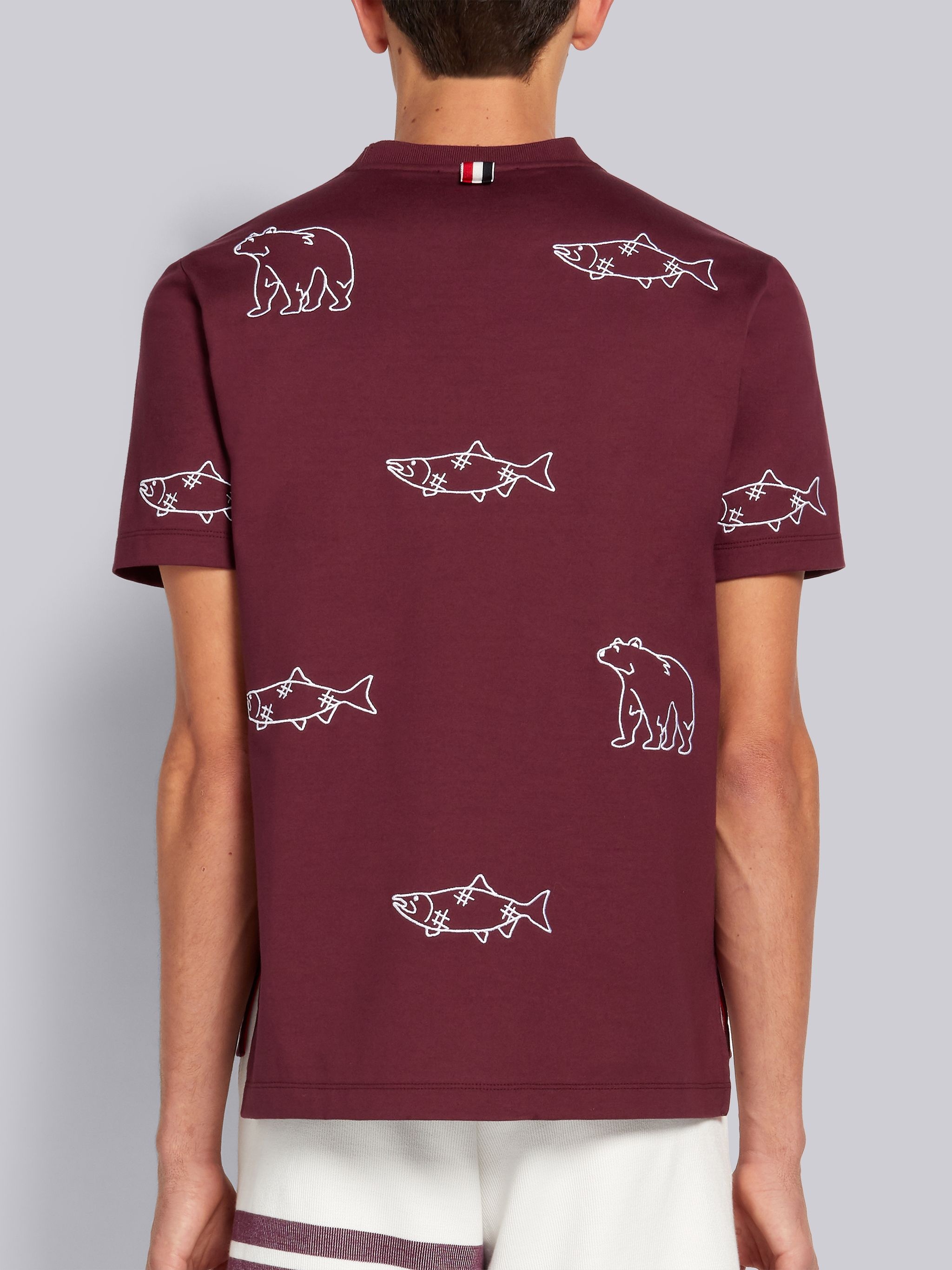 Dark Red Medium Weight Jersey Bear and Salmon Half Drop Embroidery Short Sleeve Tee - 3