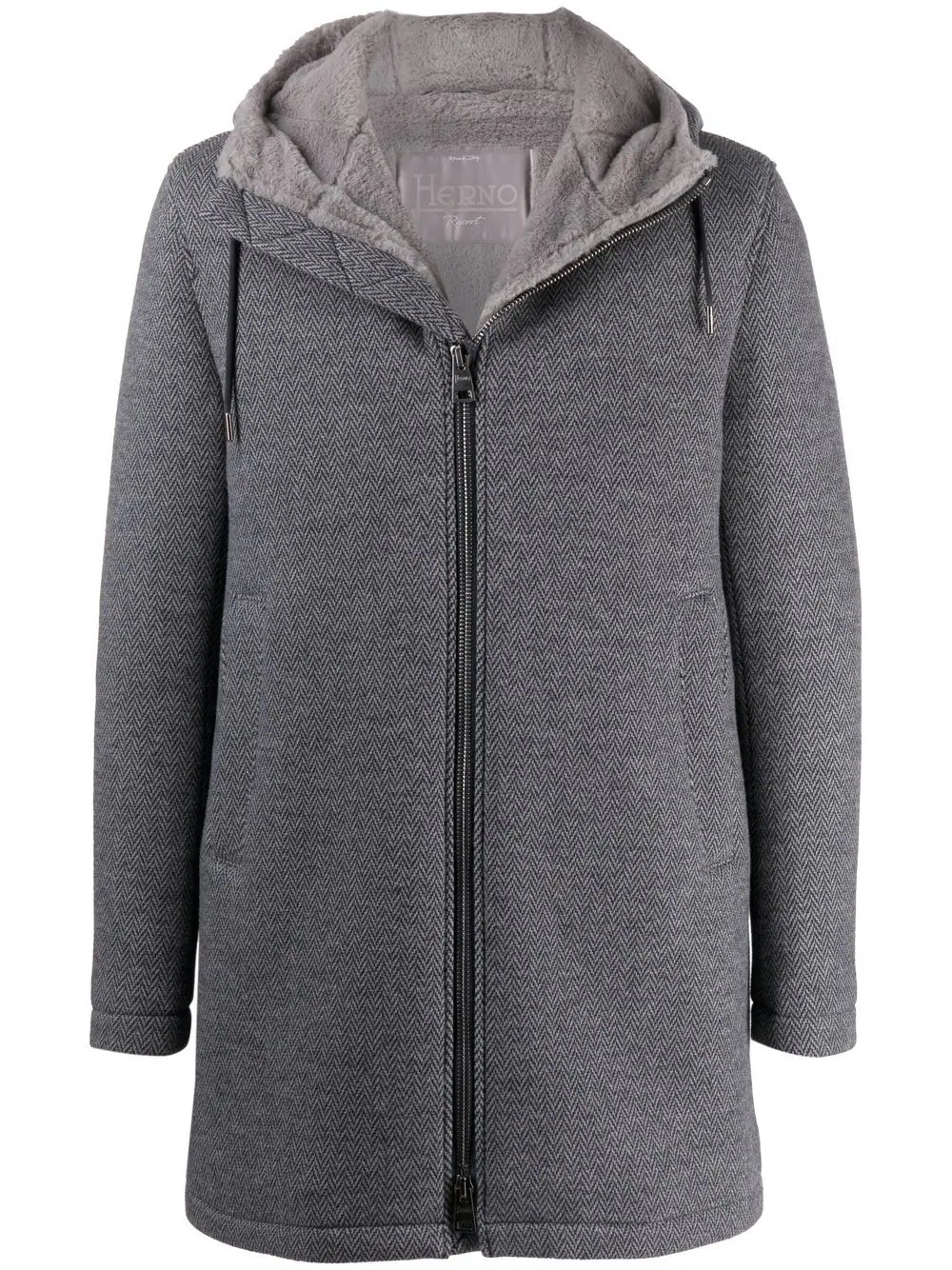 herringbone-patterned hooded short coat - 1