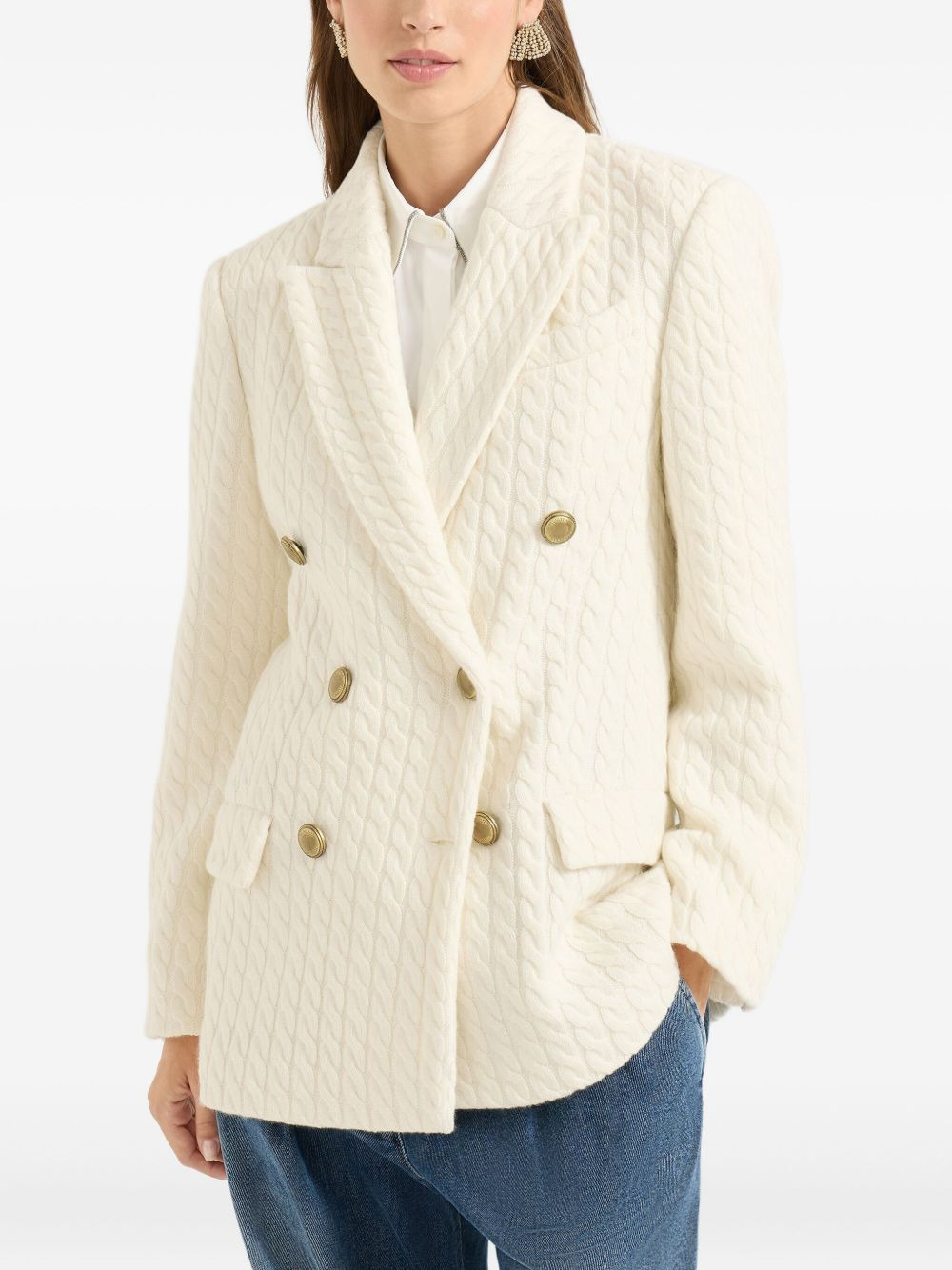 cable knit double-breasted blazer - 3