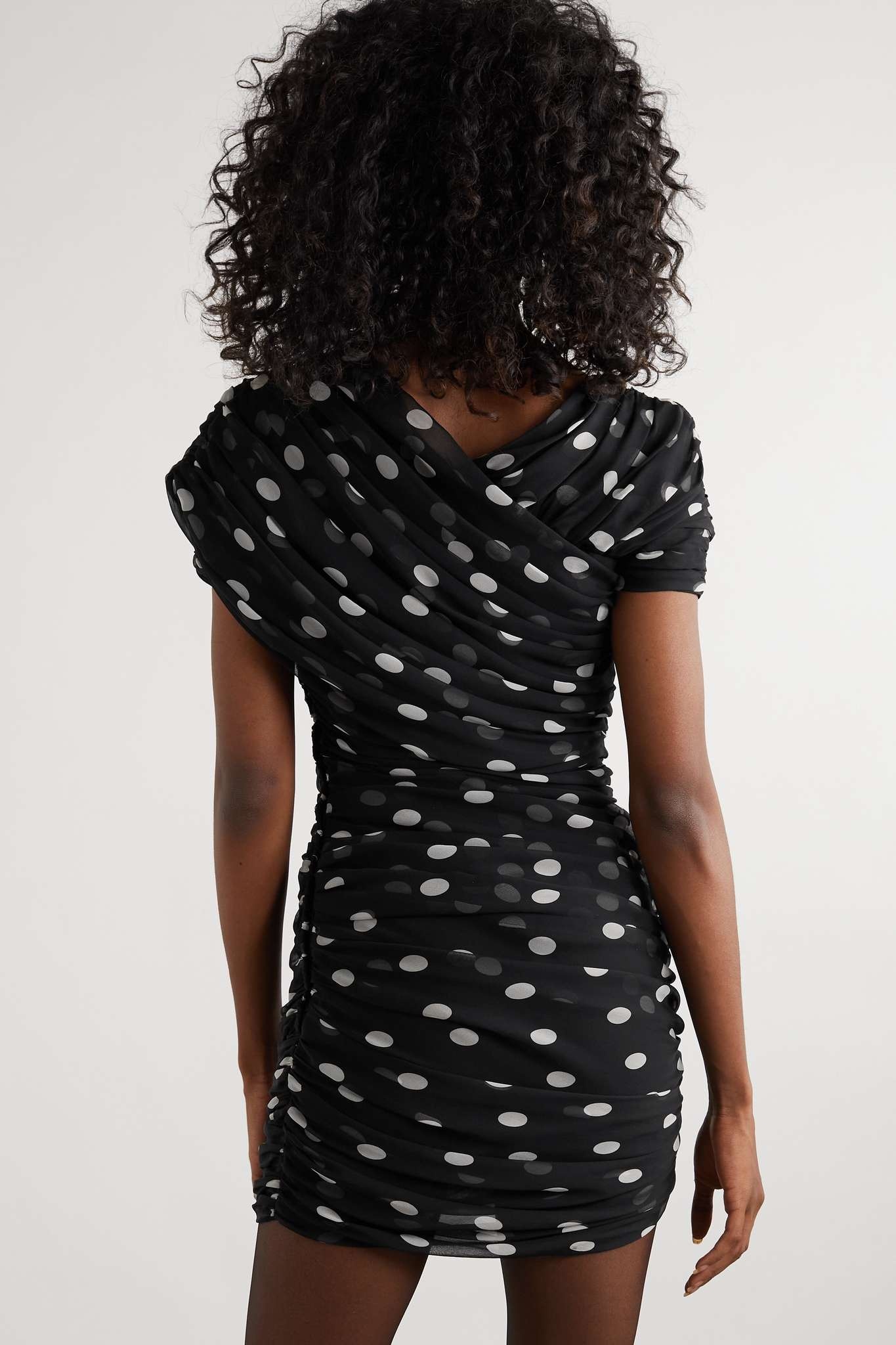 Asymmetric ruched polka-dot silk-chiffon mini dress - 3