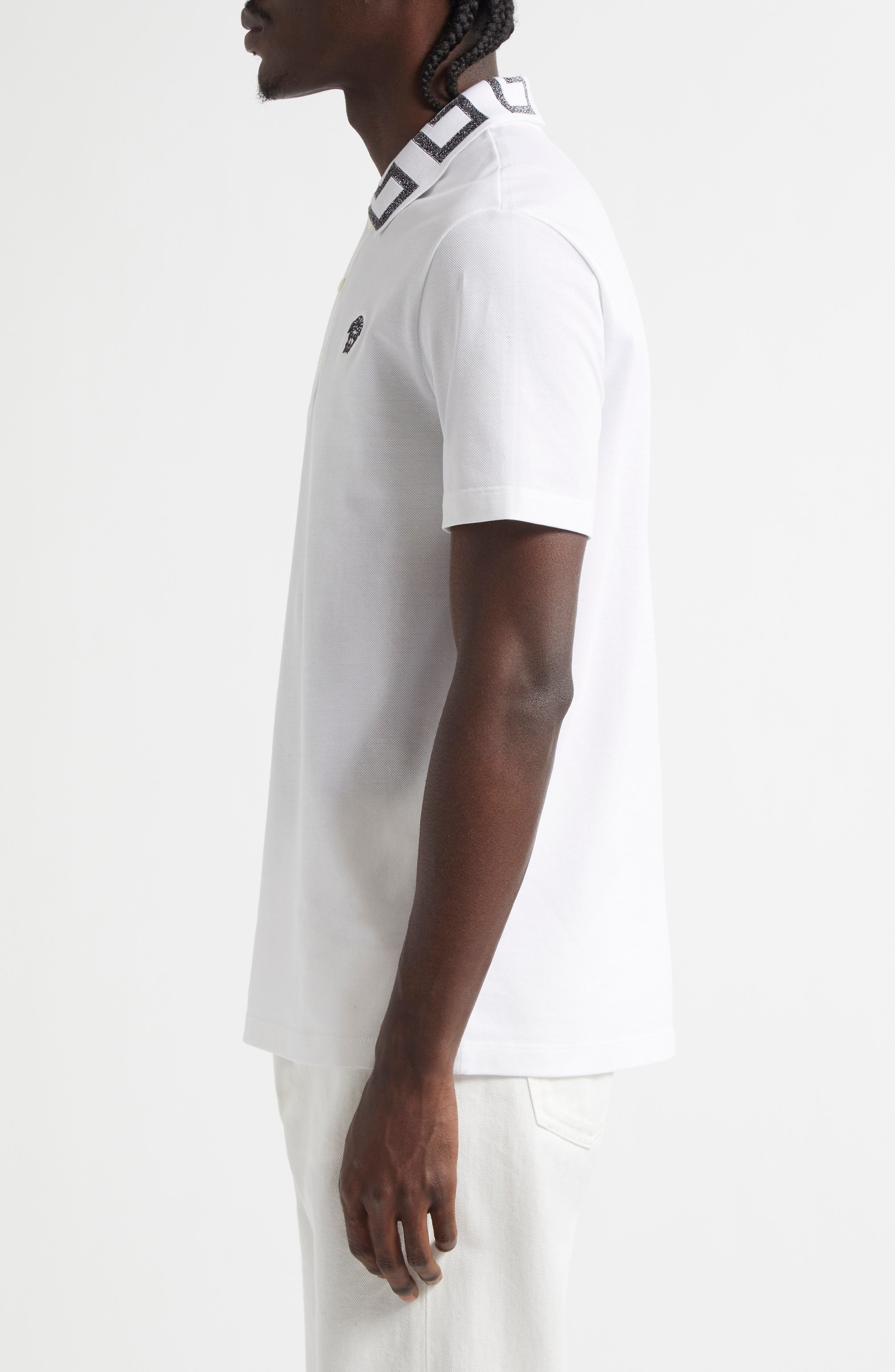 Versace Metallic Greca Collar Piqué Polo in White Antrachite at Nordstrom - 4