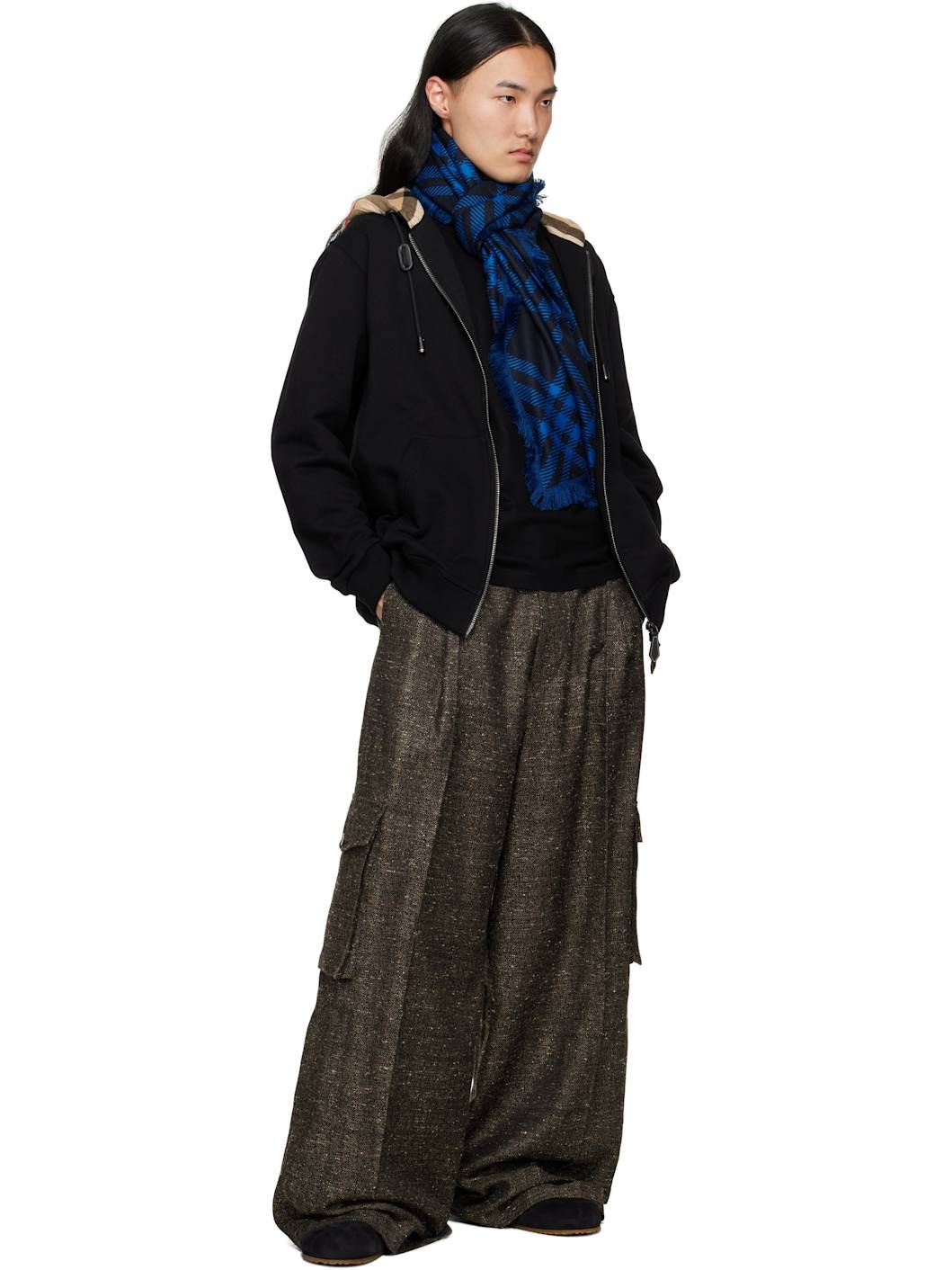 Navy Wide Check Wool Silk Scarf - 3