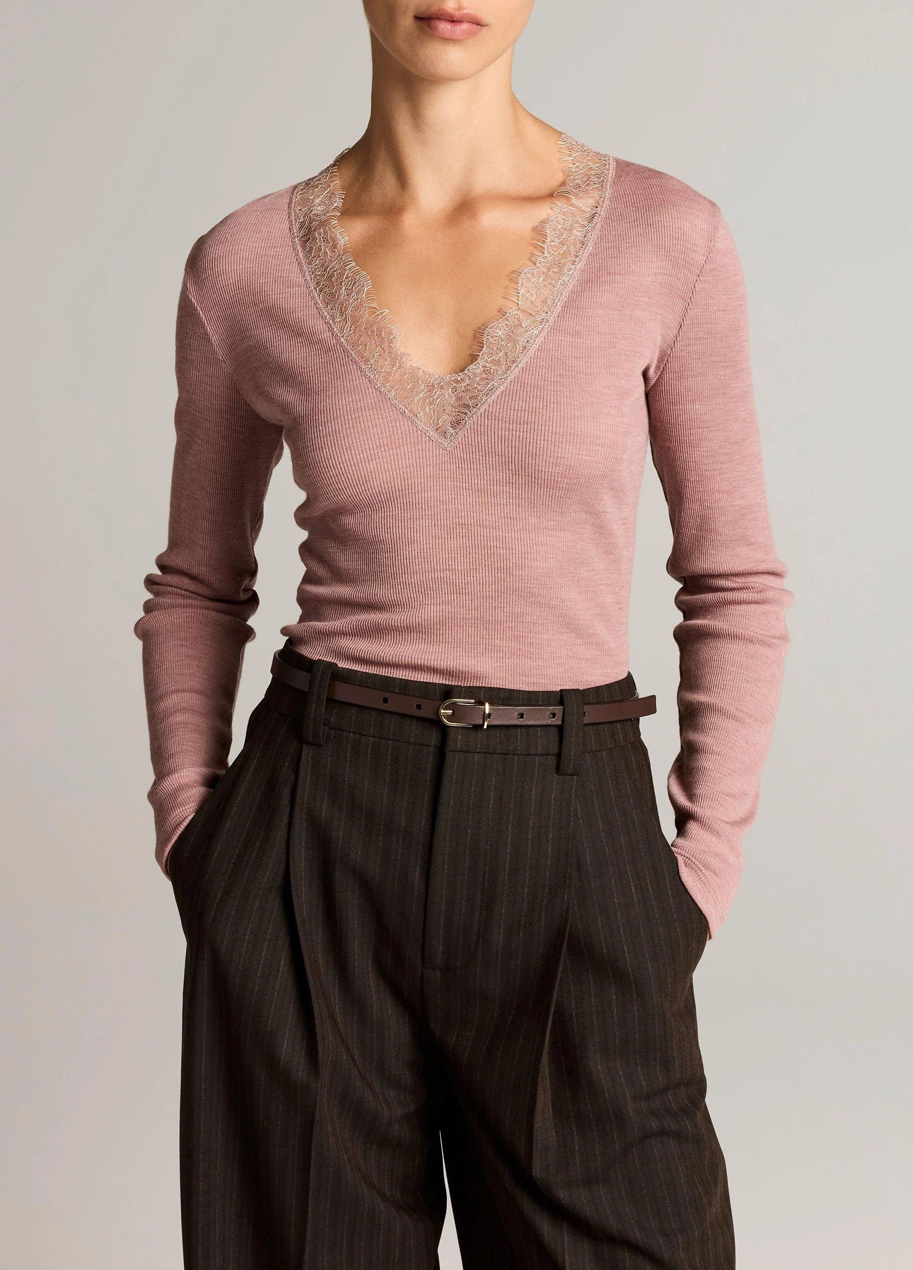 Lace-Trim Ribbed Long-Sleeve V-Neck Top - 1