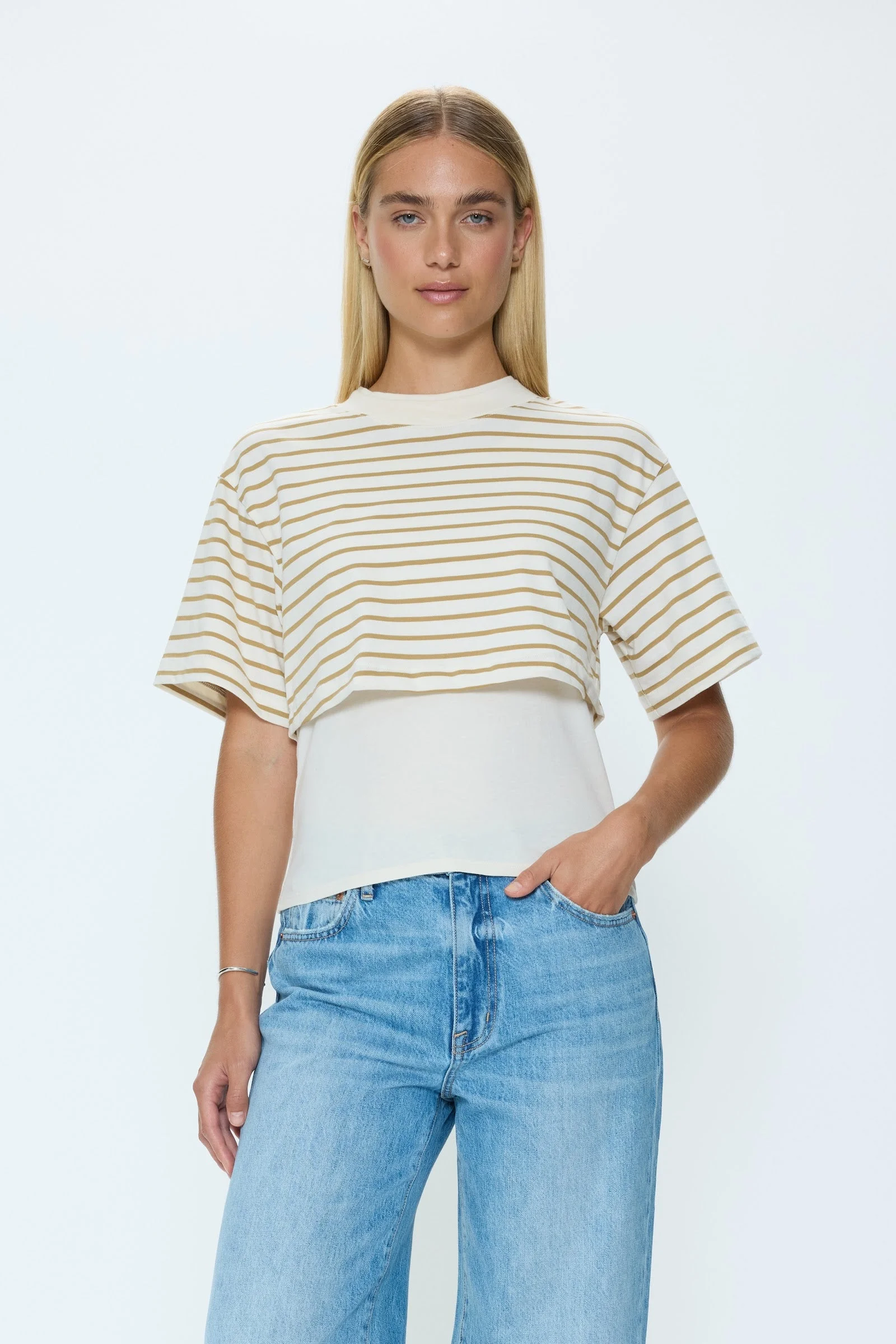 CAMRYN BOXY TEE OVERLAY - TANNIN ECRU STRIPE - 1