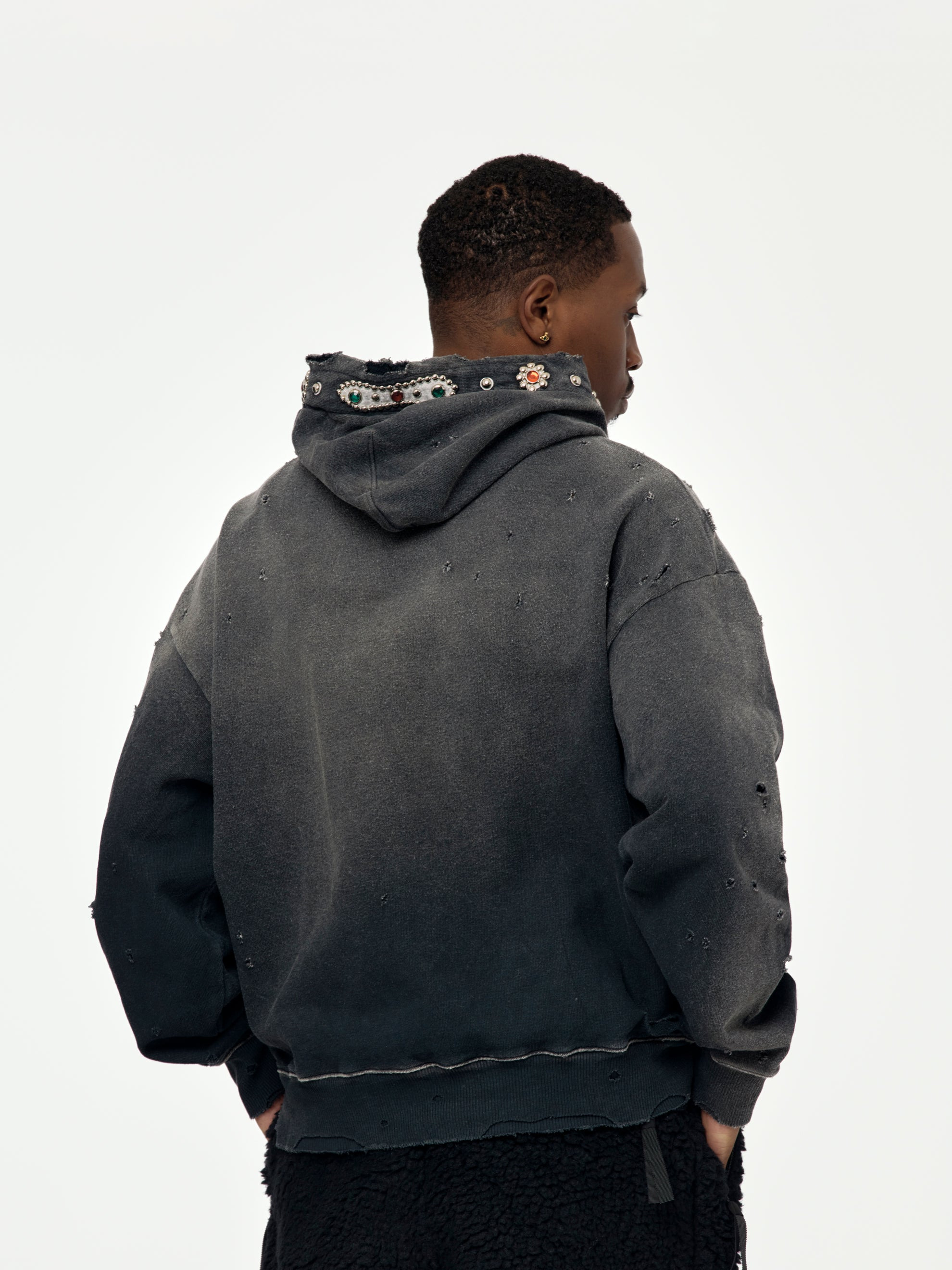 SWT KNIT THRILLER DAMAGED HOODIE (STUDS) (BLACK) - 3
