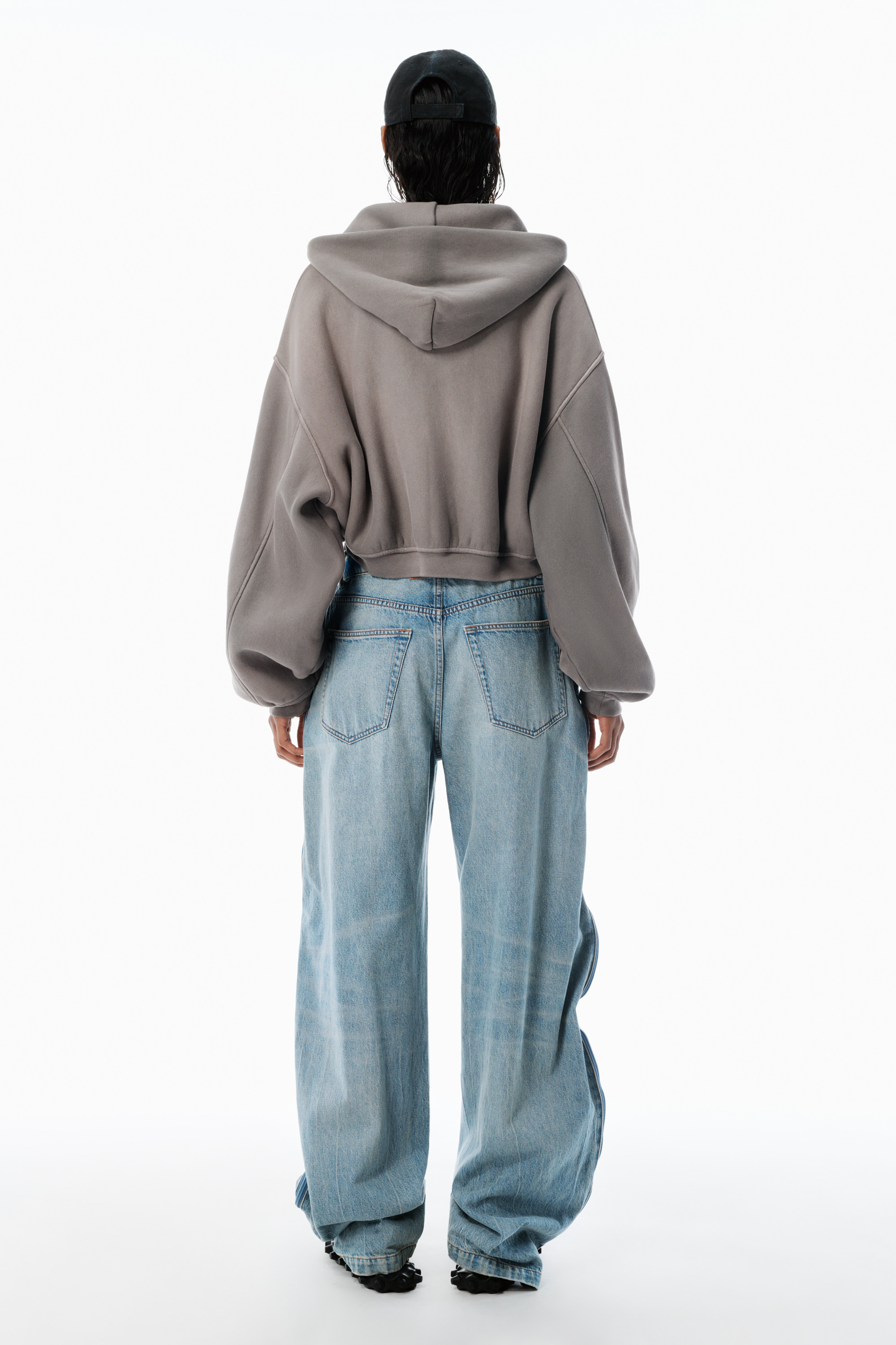 bleach blue curved zipper pants - 5