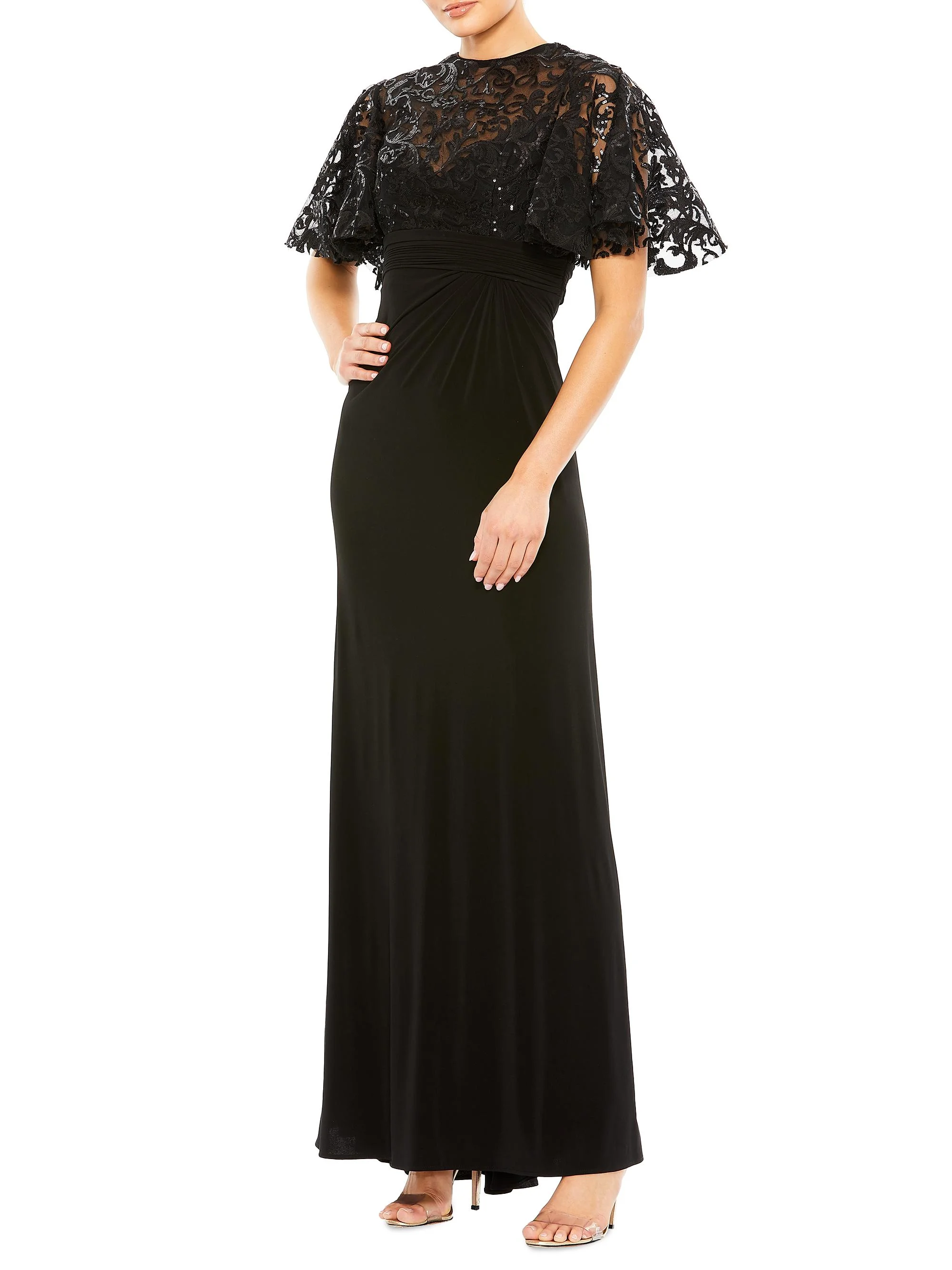 Women's Embellished Butterfly-Sleeve Gown - Black - 1