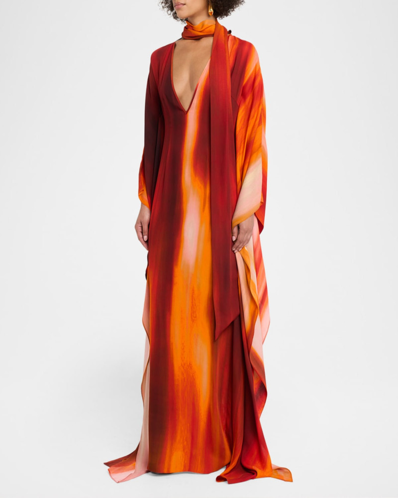 Plunging Neck-Scarf Dolman-Sleeve Caftan Gown 4