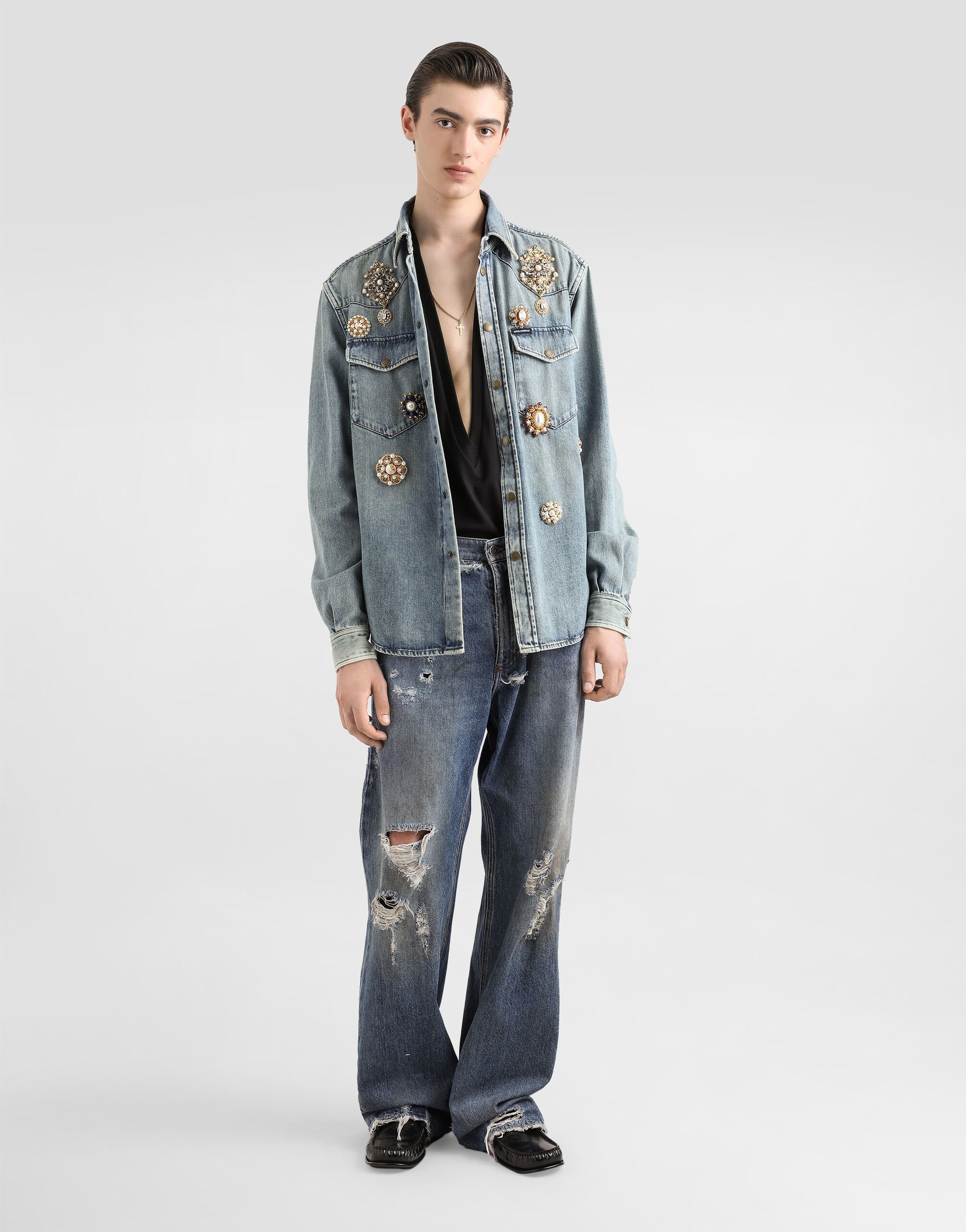 Denim shirt with bejeweled appliqués - 2