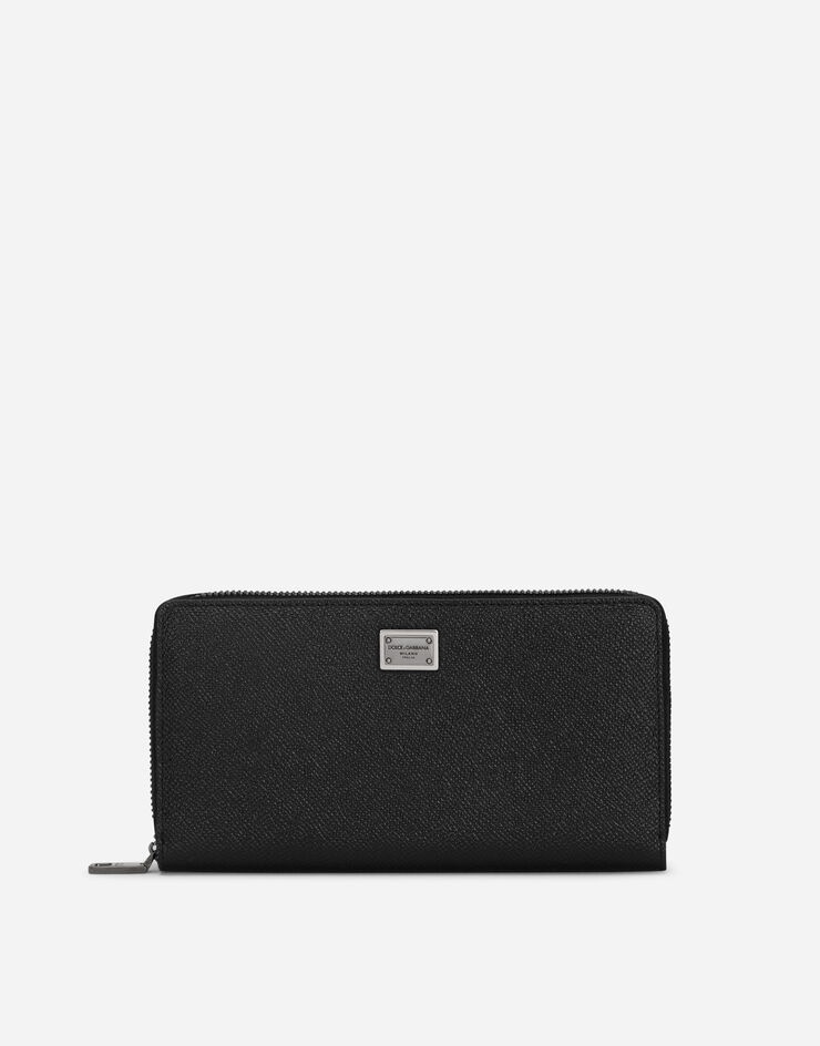 Calfskin zip-around wallet with branded plate - 1
