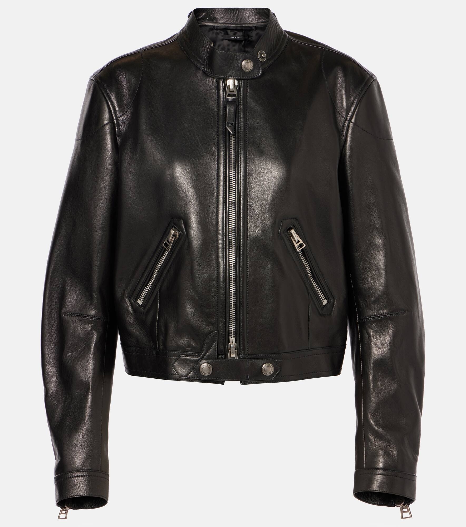 Cropped leather biker jacket - 1