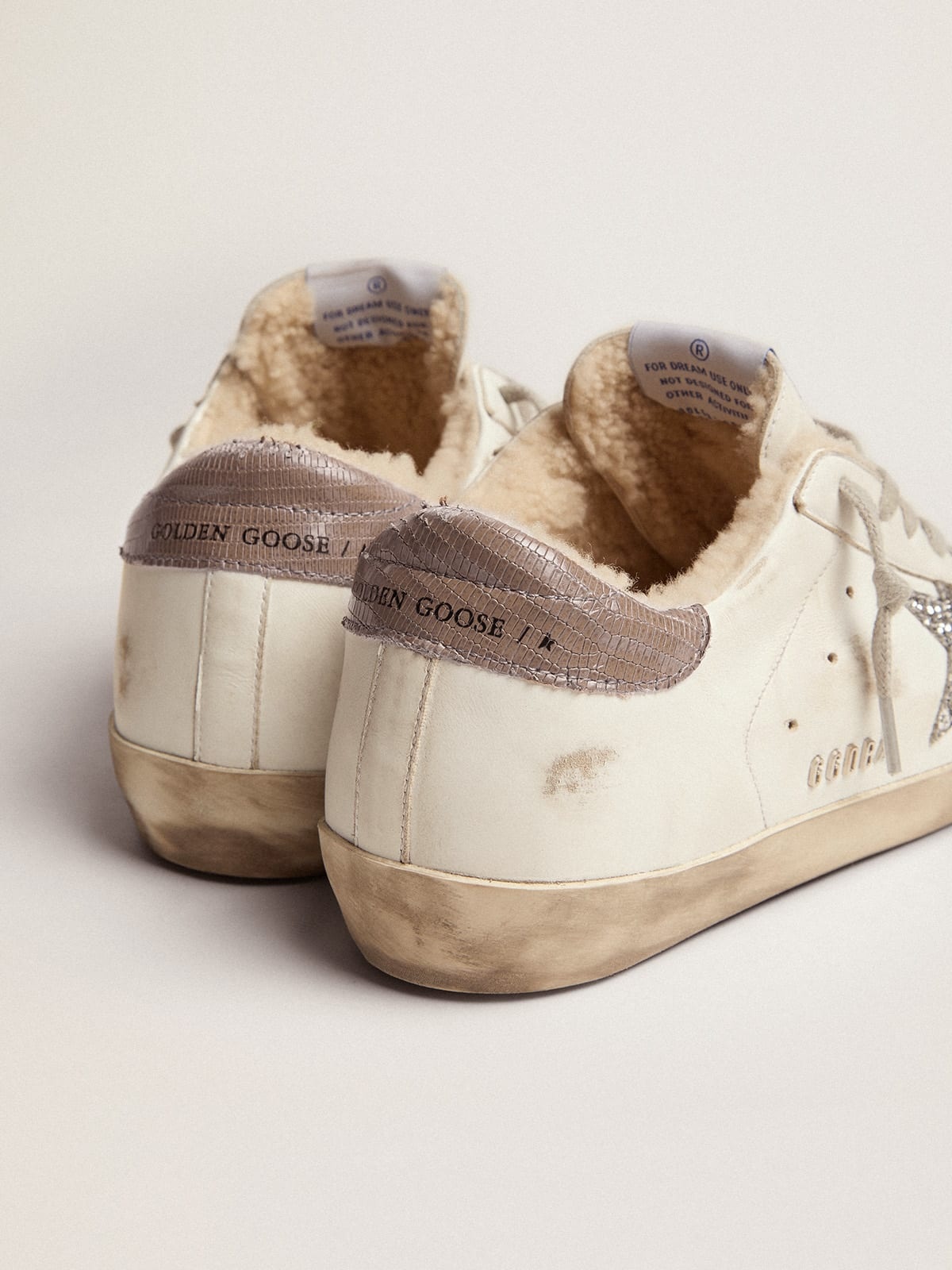 Golden Goose Super-Star sneakers with shearling lining, silver glitter star  and lizard-print dove-gray leather he | REVERSIBLE