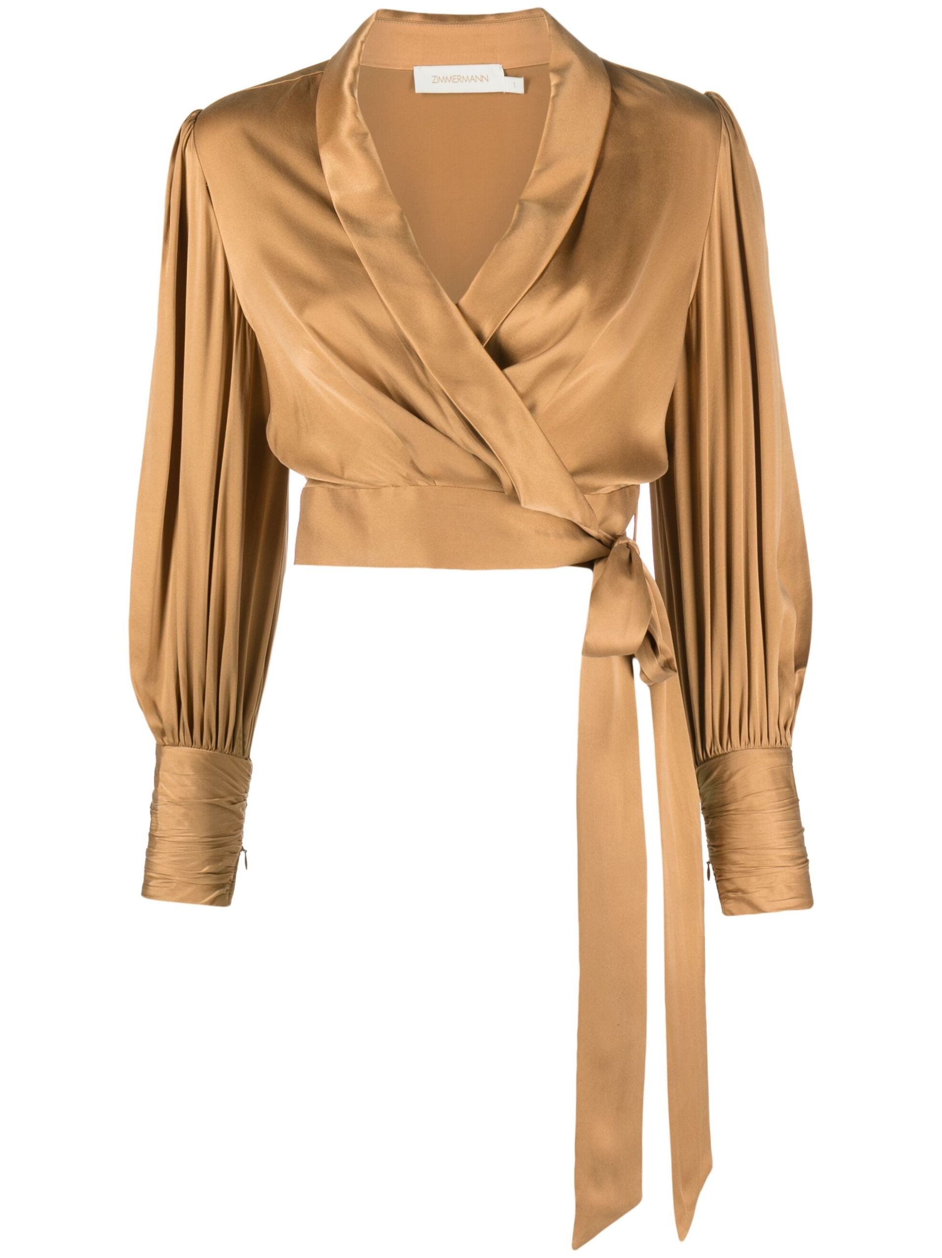 Brown Wrap Silk Cropped Blouse - 1