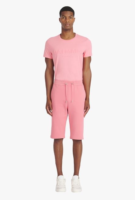 Salmon pink eco-designed cotton shorts with flocked white Balmain Paris logo - 4