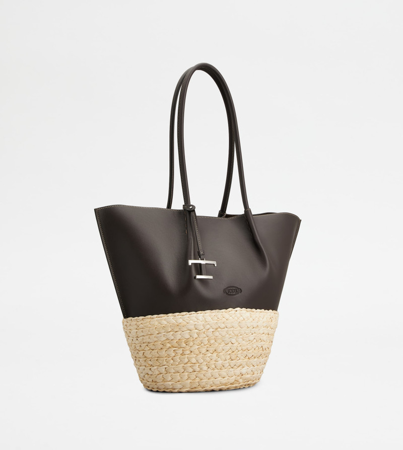 Tod's SHOPPING BAG IN STRAW AND LEATHER MEDIUM - BROWN, NATURAL outlook