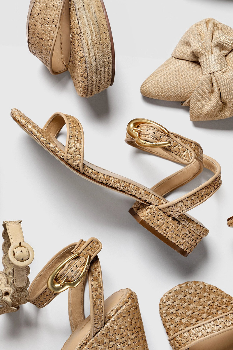 Larroudé Verona Flat Sandal In Beige Leather and Natural Raffia outlook
