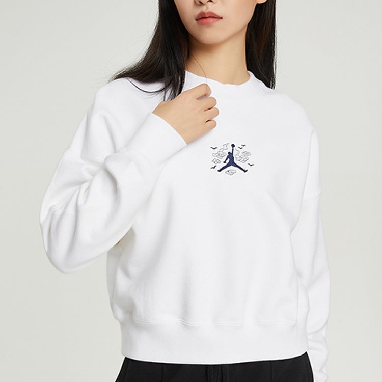 (WMNS) Jordan Solid Color Embroidered Round Neck Long Sleeves White Hoodie DQ0864-100 - 5