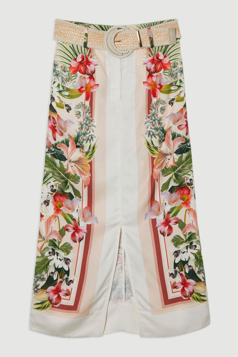 Mirrored Viscose Linen Floral Print With Raffia Belt Woven Midi Skirt 4