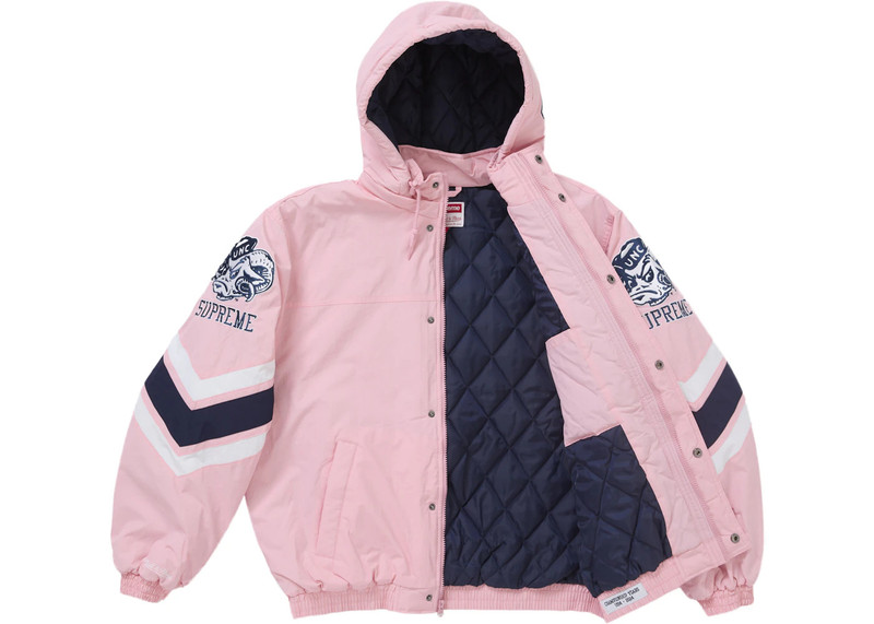 Supreme Supreme Mitchell & Ness NCAA Hooded Stadium Jacket Pink outlook