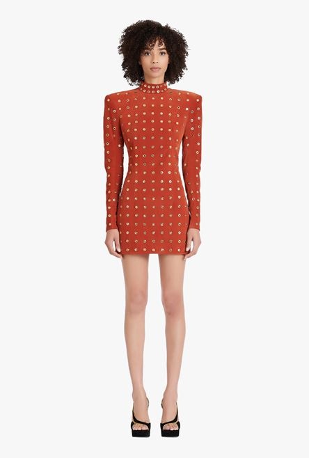 Balmain x Netflix -Short terracotta and golden suede dress - 4