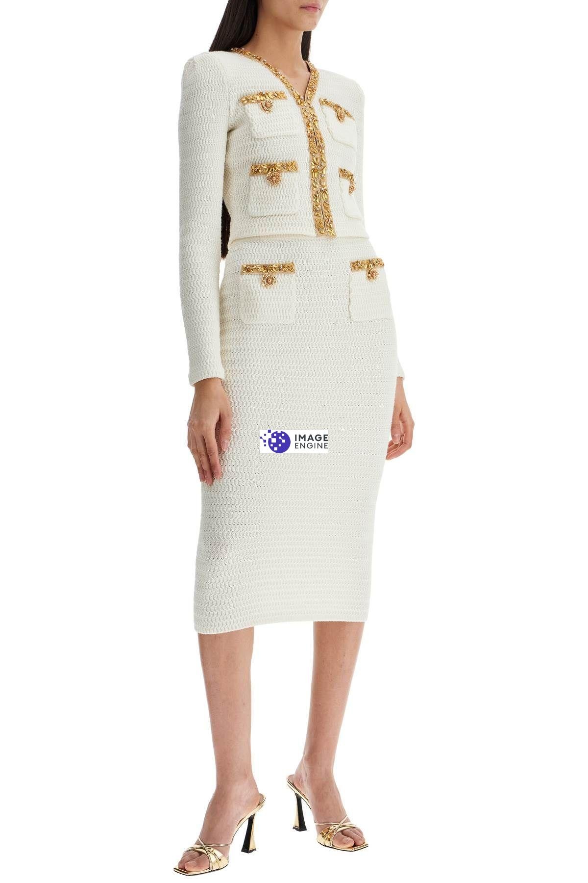 self-portrait Cream Lurex Knit Midi Skirt | REVERSIBLE