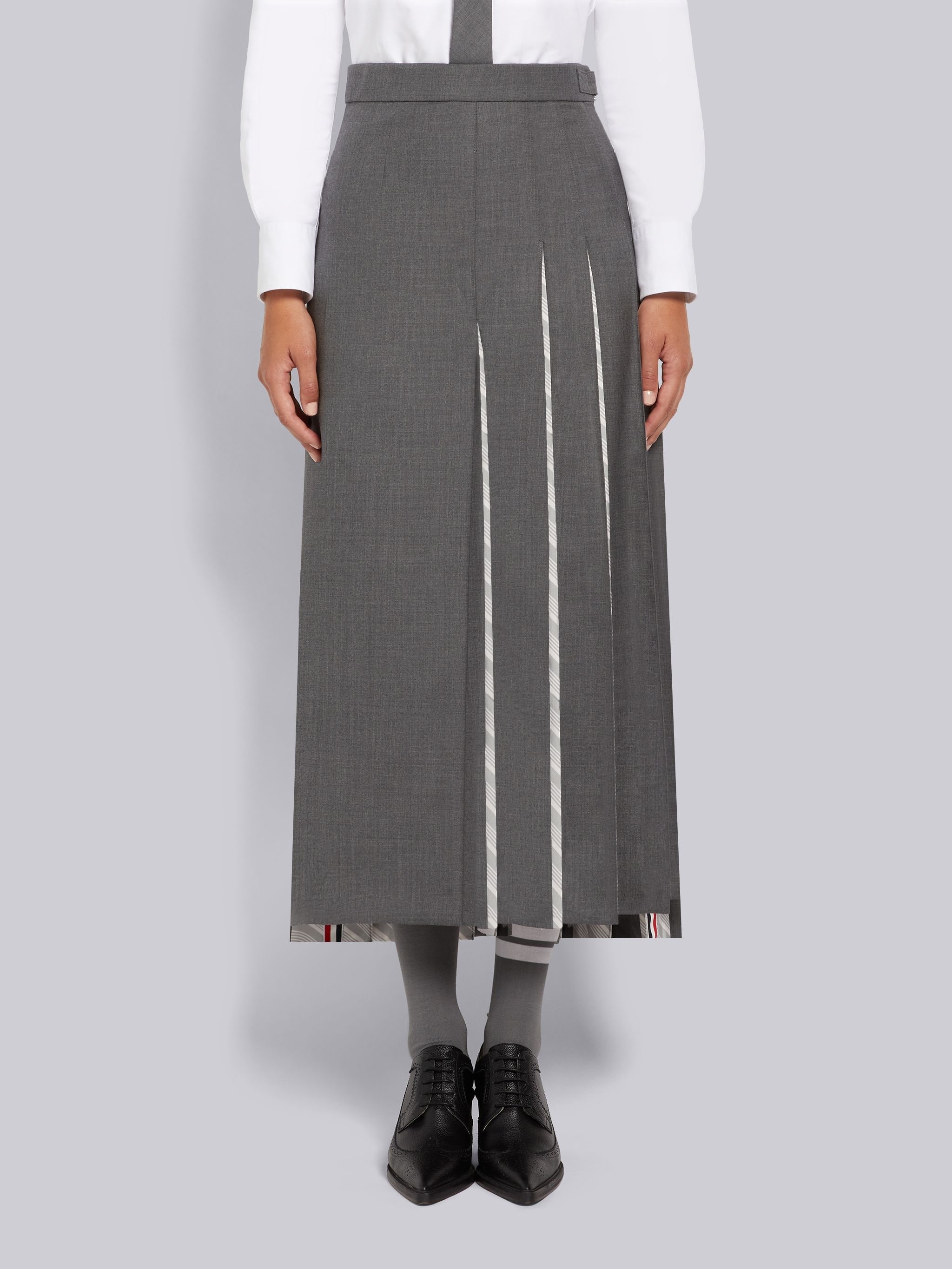Medium Grey Super 120's Twill Silk Jacquard Pleat Dropped Back Half Pleated Trouser Length Skirt - 1