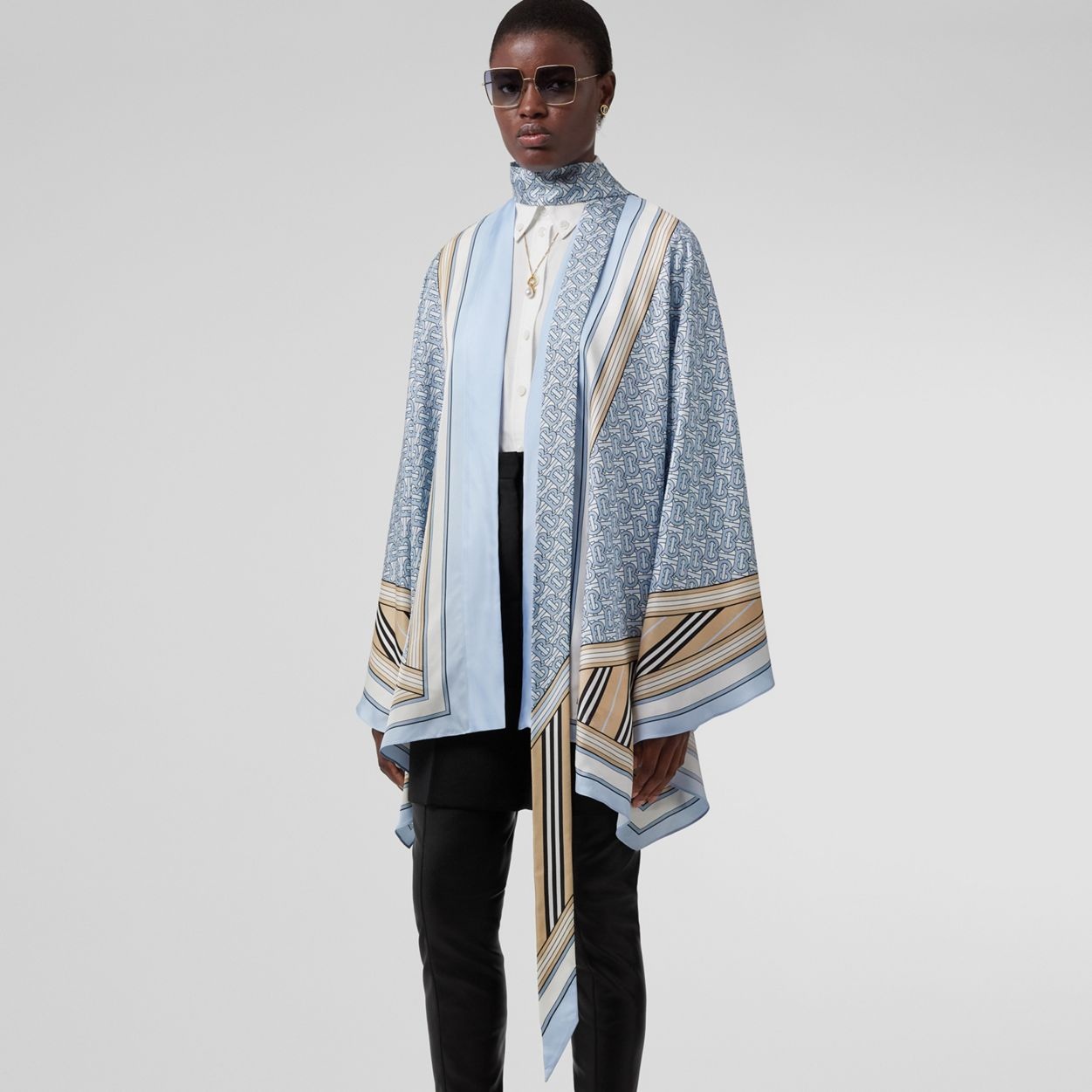Scarf Detail Montage Print Silk Cape - 5