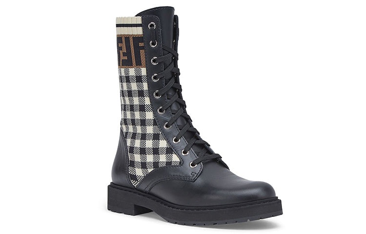 (WMNS) FENDI Black leather biker boots with stretch fabric 'Black White' 8T6780AD7AF1BPG - 3