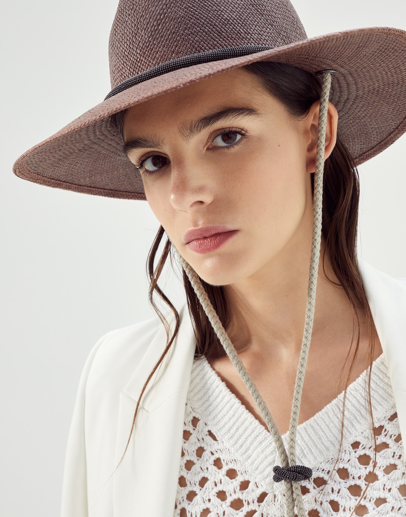 Straw fedora with linen and monili rope string - 3