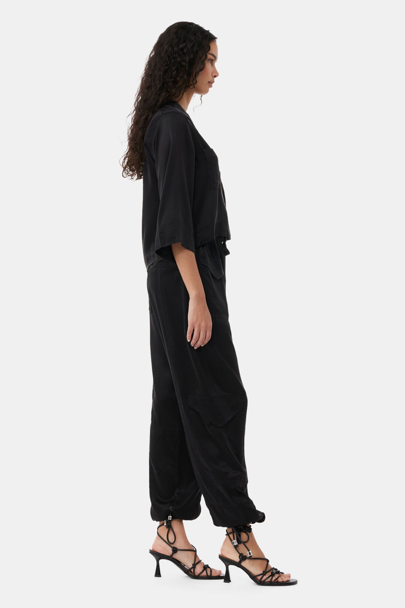 BLACK WASHED SATIN POCKET PANTS - 4