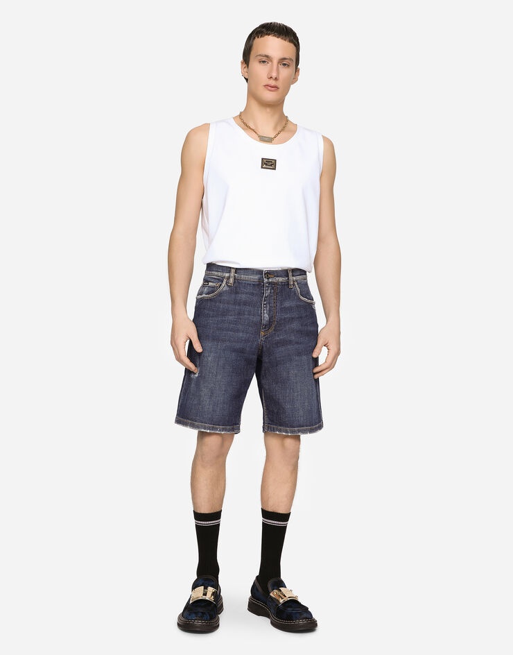 Blue denim shorts with rips and embroidery - 1
