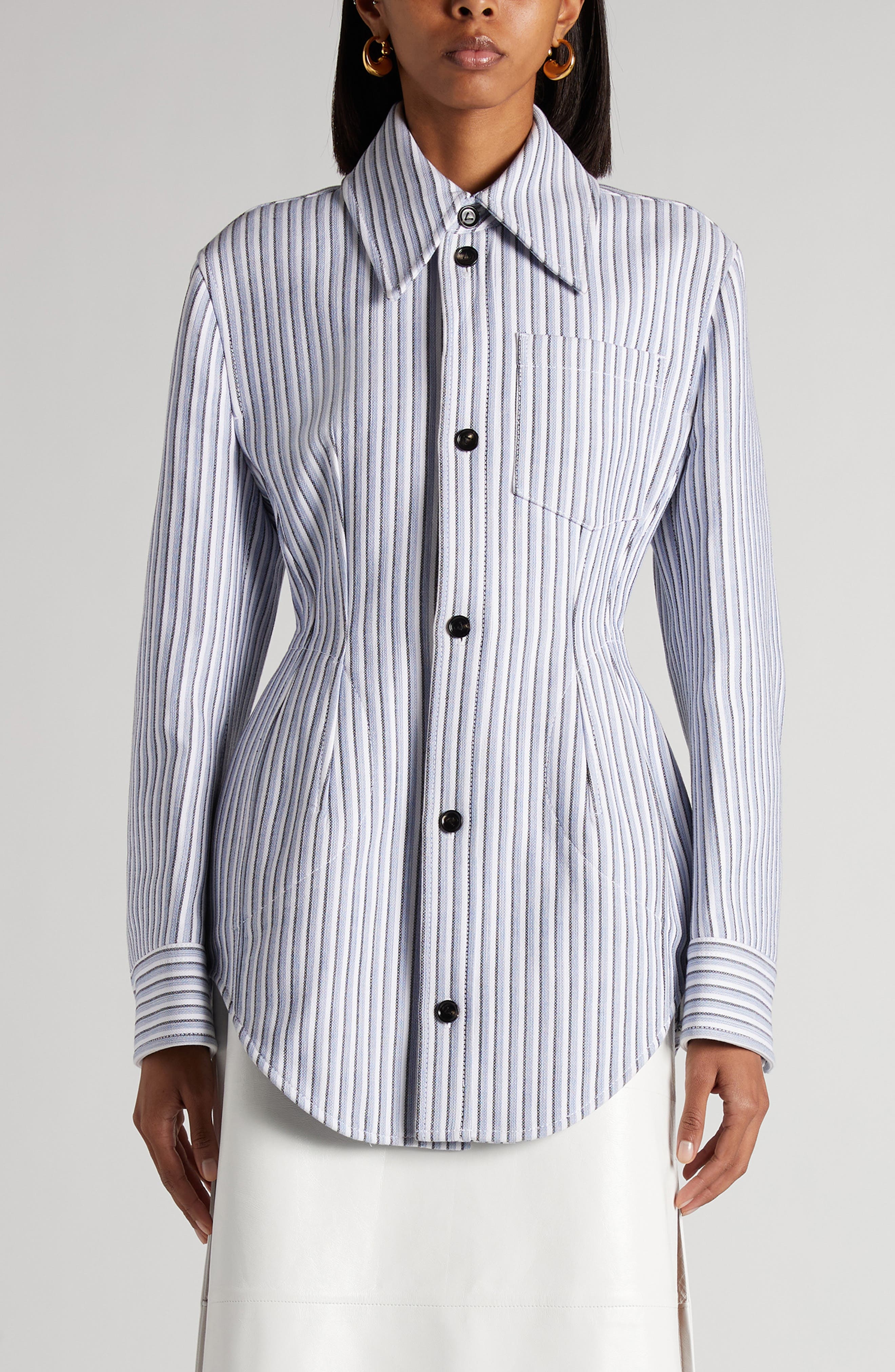 Bottega Veneta Stripe Cotton Blend Jacket in Chalk/Admiral/Navy at Nordstrom - 1