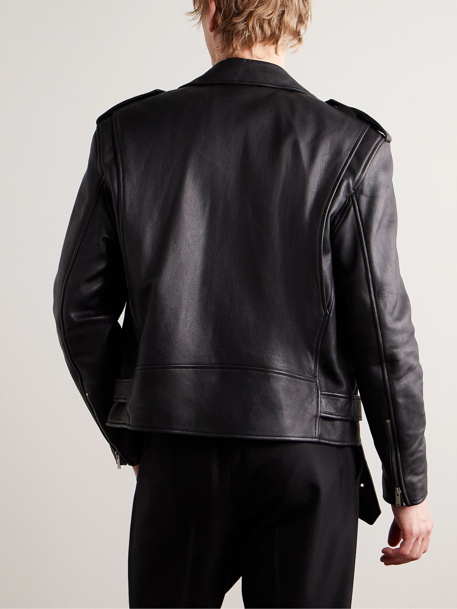 Belted Leather Biker Jacket Black - 4