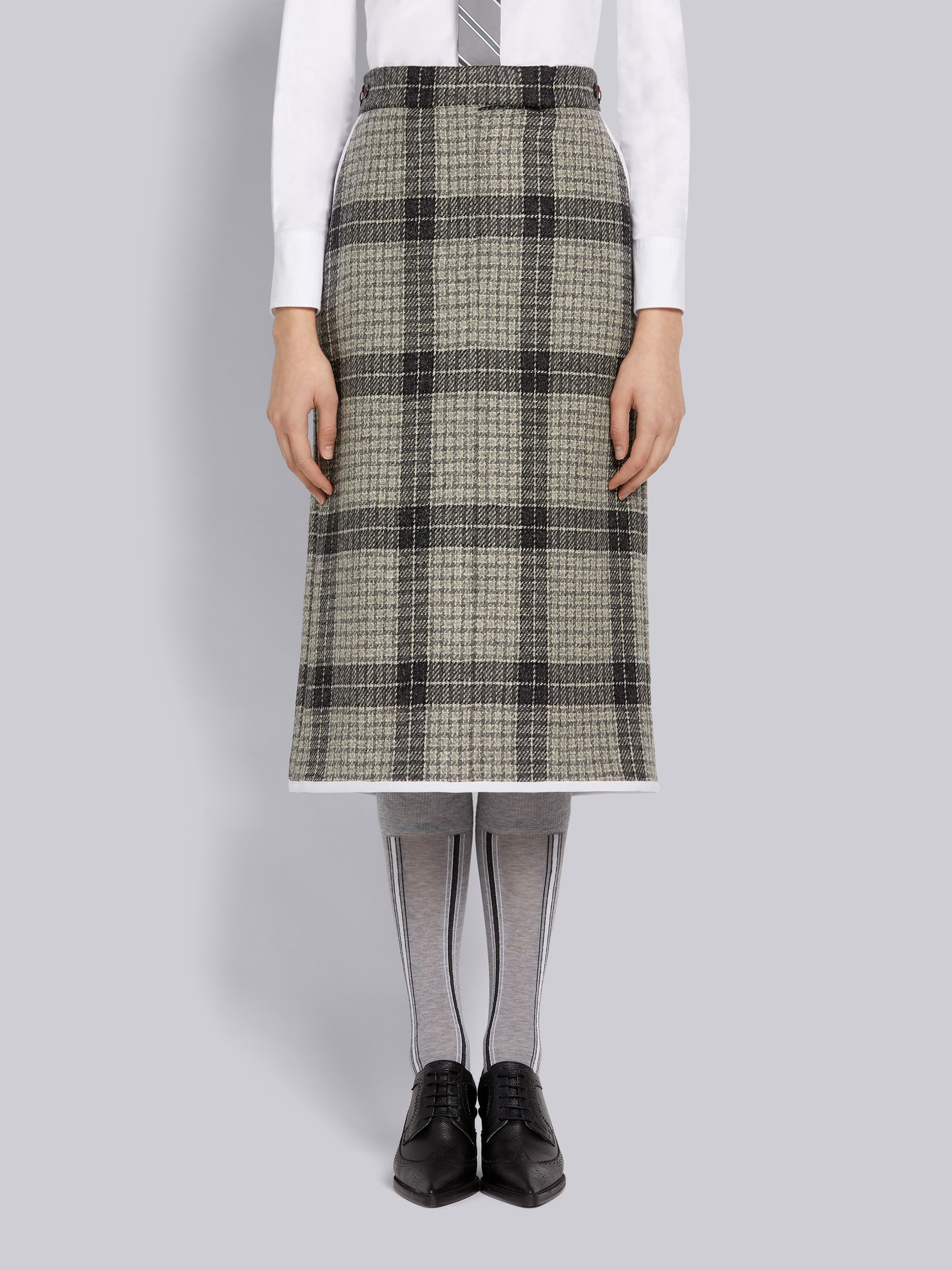 Medium Grey Grid Windowpane Check British Wool Grosgrain Tipping Below-the-Knee Sack Skirt - 1