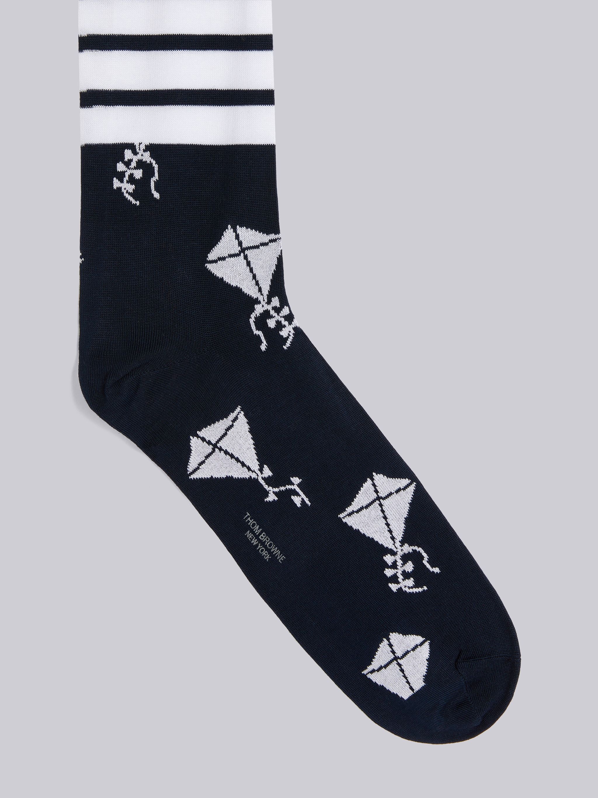 Navy Mercerized Cotton Half Drop Kite Icon 4-Bar Socks - 2