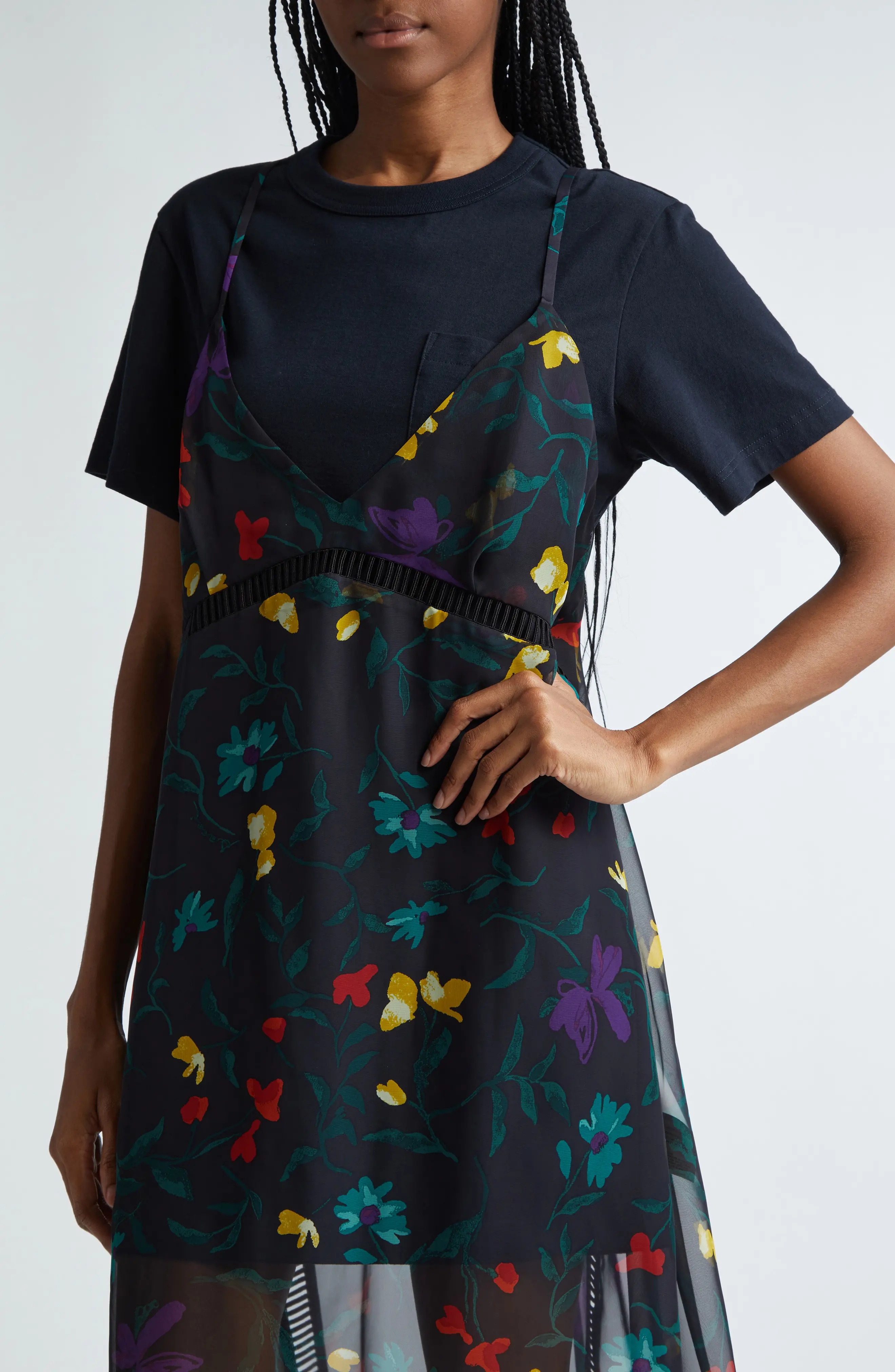 sacai Floral Print Mixed Media Layered Midi Dress