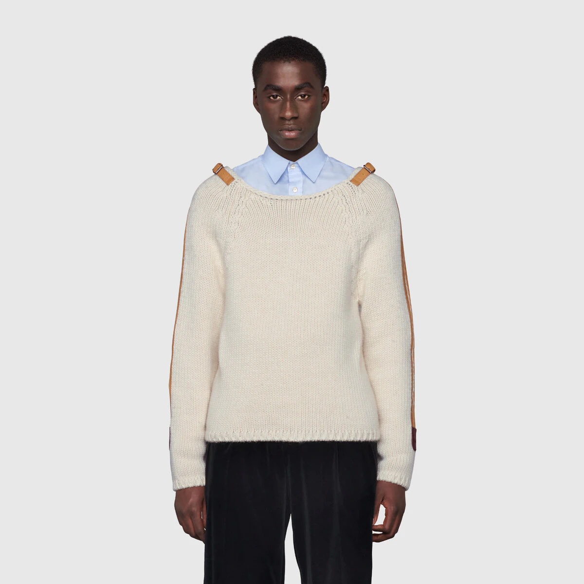 Wool knit sweater with leather detail - 3